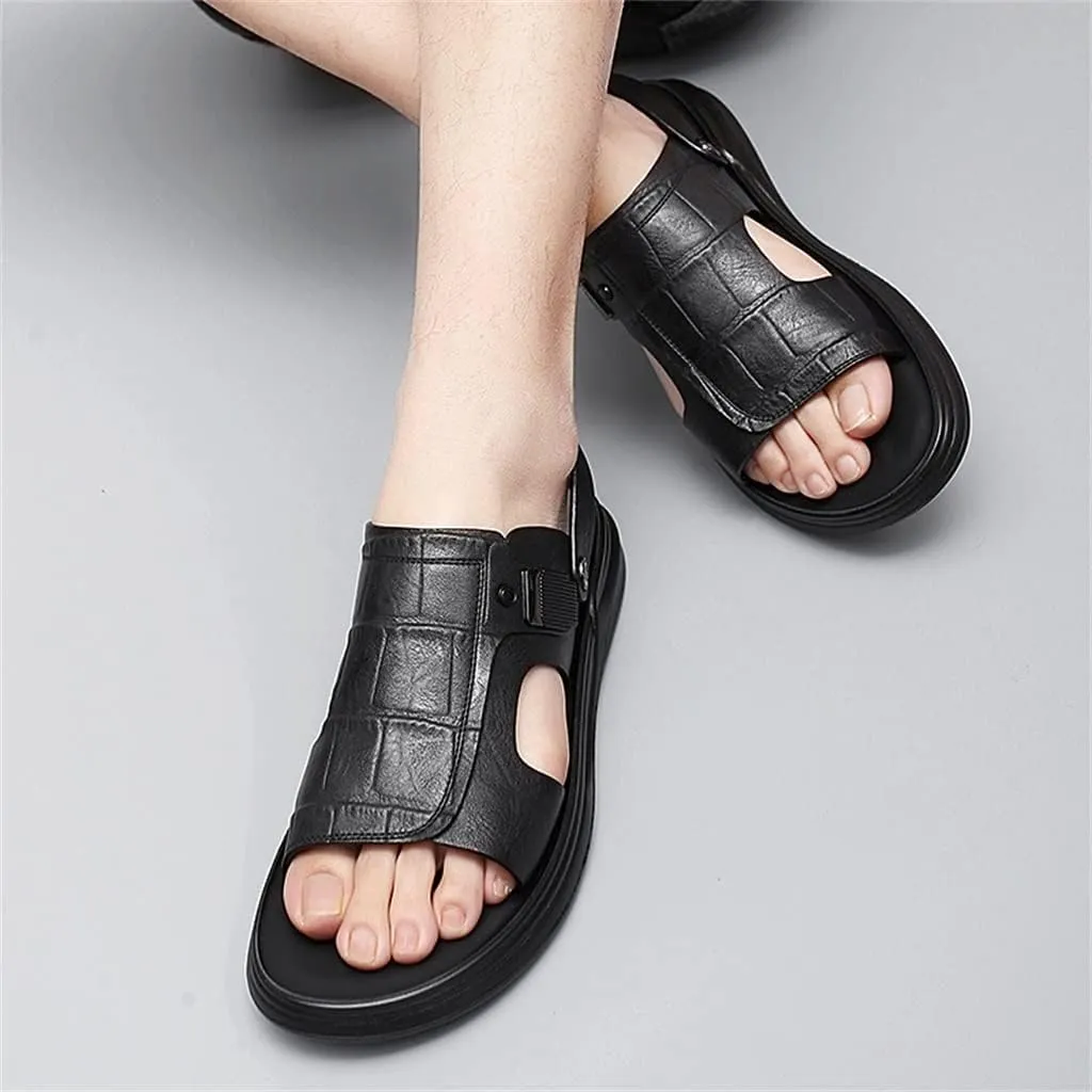 Men's Leather Sandals Dual-Purpose Shoes Beach Summmer Flats Man Slides Leisure Walk Men Slippers(39)