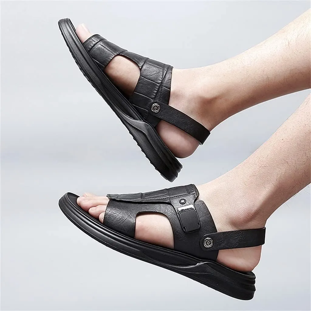 Men's Leather Sandals Dual-Purpose Shoes Beach Summmer Flats Man Slides Leisure Walk Men Slippers(39)