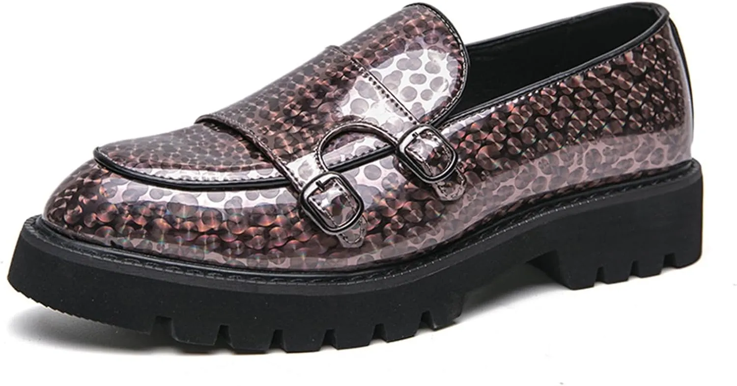 Men's Patent Leather Double Monk Strap Platform Slip On Loafers,Fashion Classic Non-Slip Lug Sole Dress Smoking Shoes,Business Casual Comfort Penny Loafers