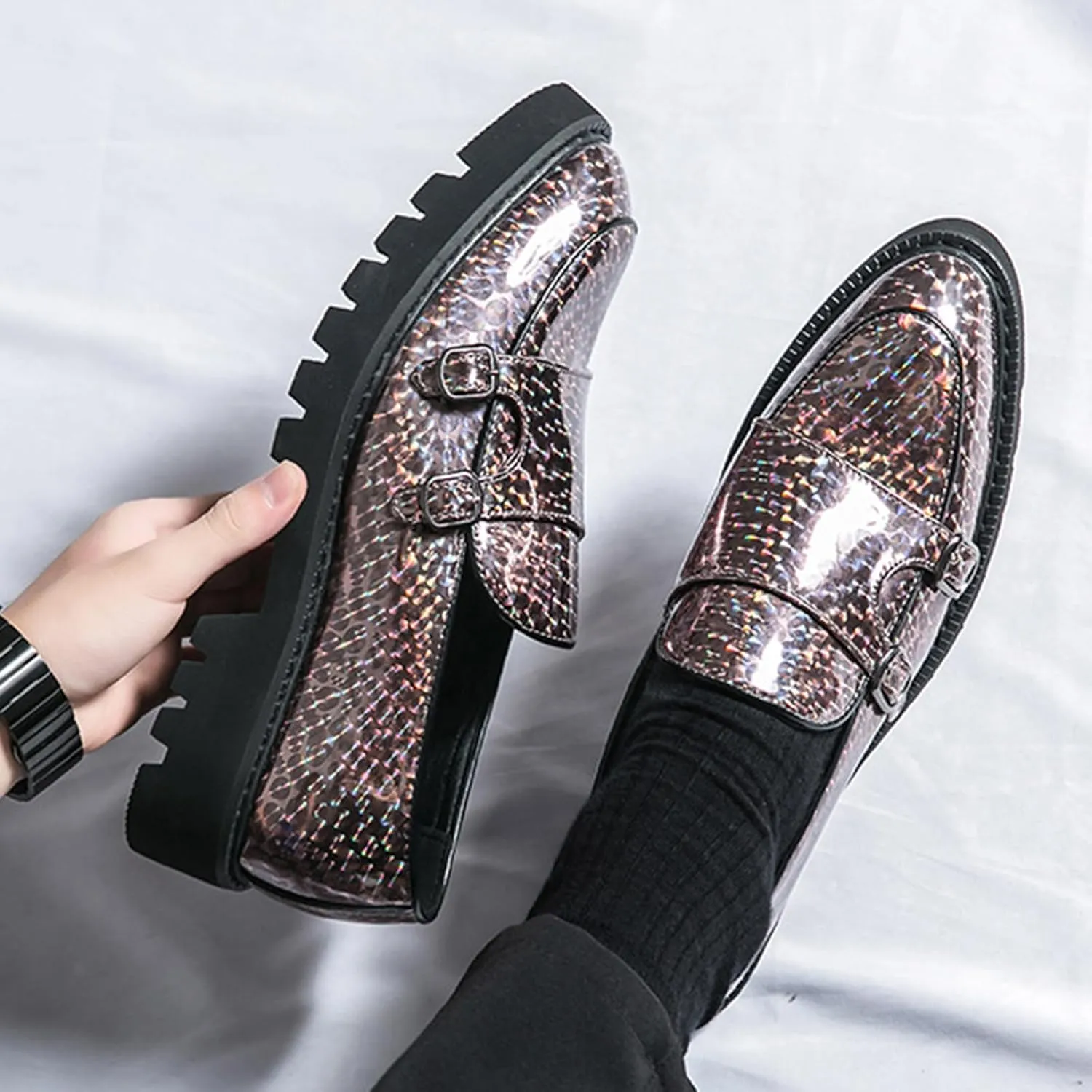 Men's Patent Leather Double Monk Strap Platform Slip On Loafers,Fashion Classic Non-Slip Lug Sole Dress Smoking Shoes,Business Casual Comfort Penny Loafers