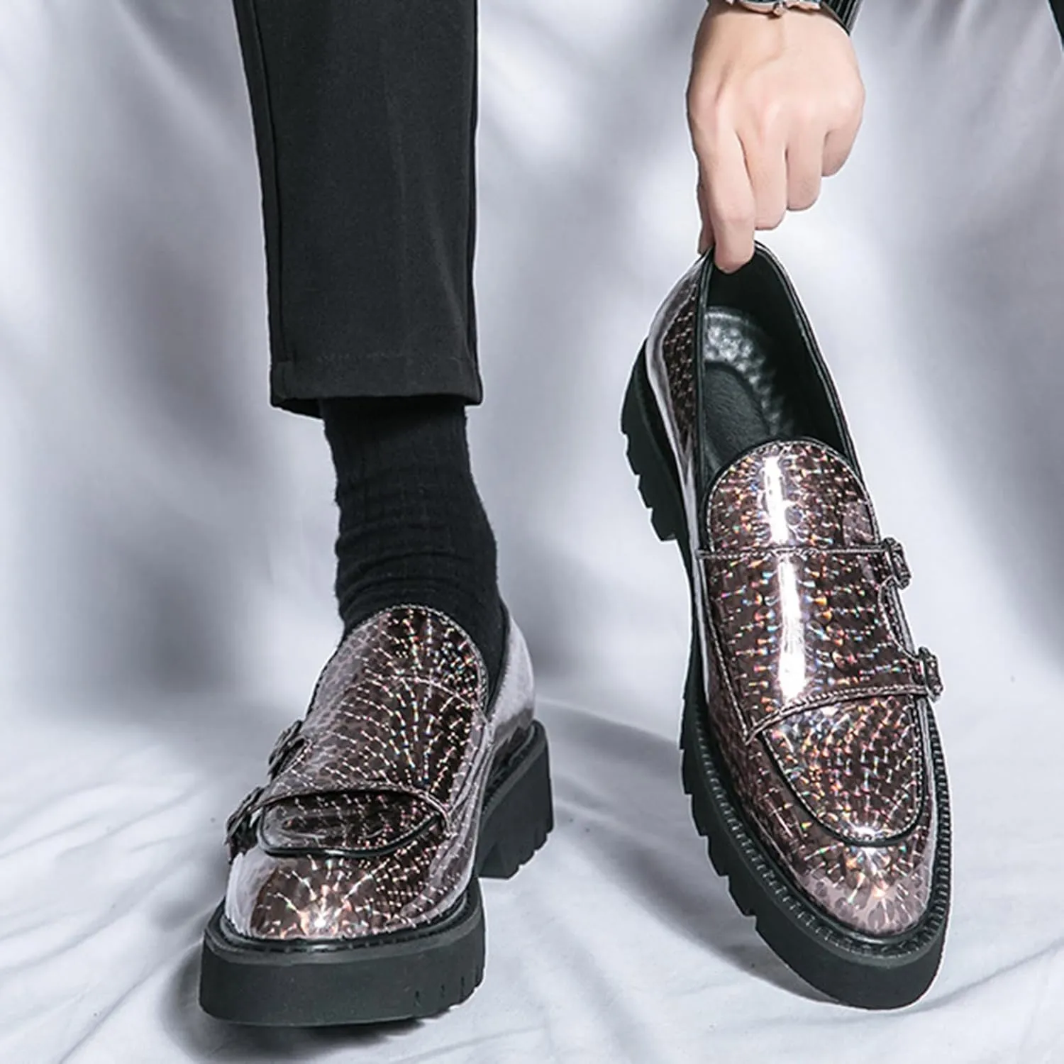 Men's Patent Leather Double Monk Strap Platform Slip On Loafers,Fashion Classic Non-Slip Lug Sole Dress Smoking Shoes,Business Casual Comfort Penny Loafers