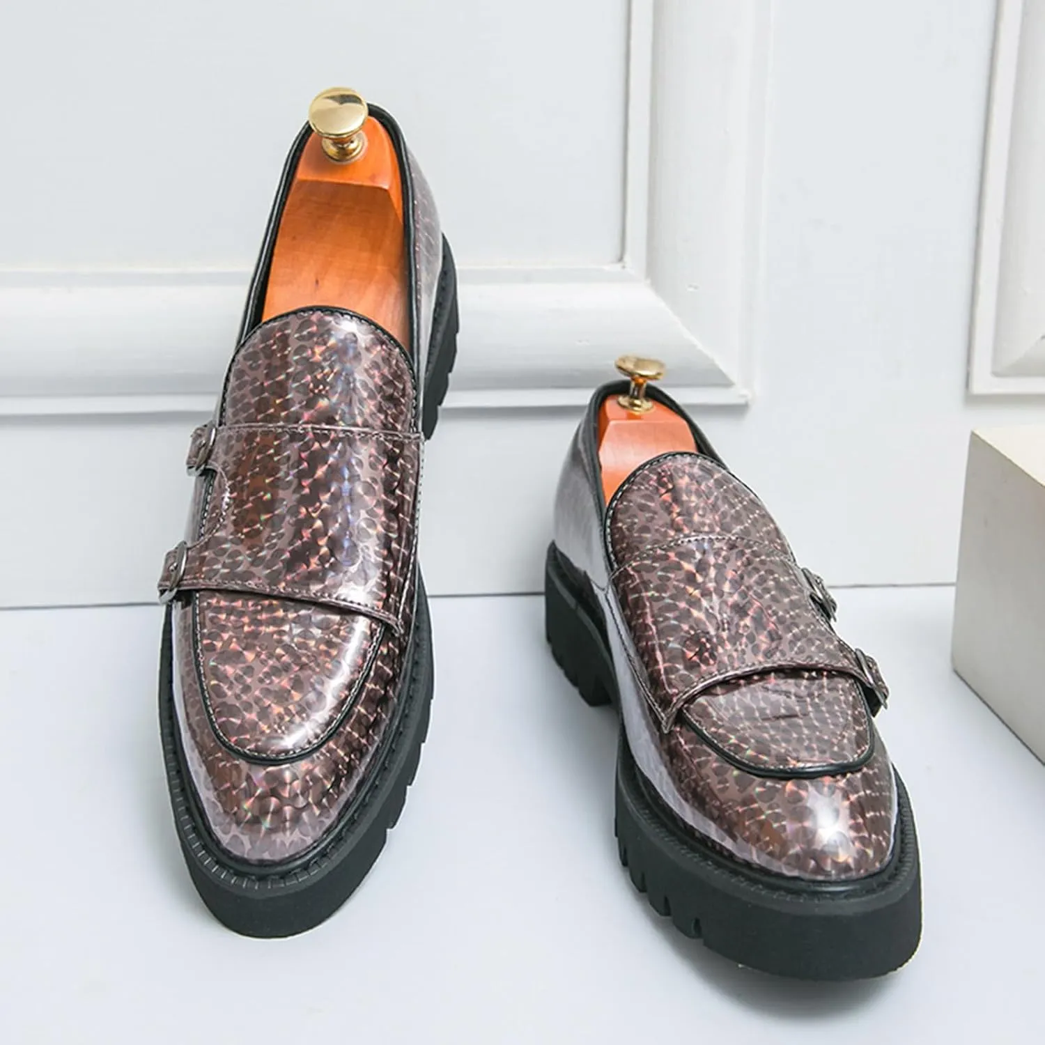 Men's Patent Leather Double Monk Strap Platform Slip On Loafers,Fashion Classic Non-Slip Lug Sole Dress Smoking Shoes,Business Casual Comfort Penny Loafers