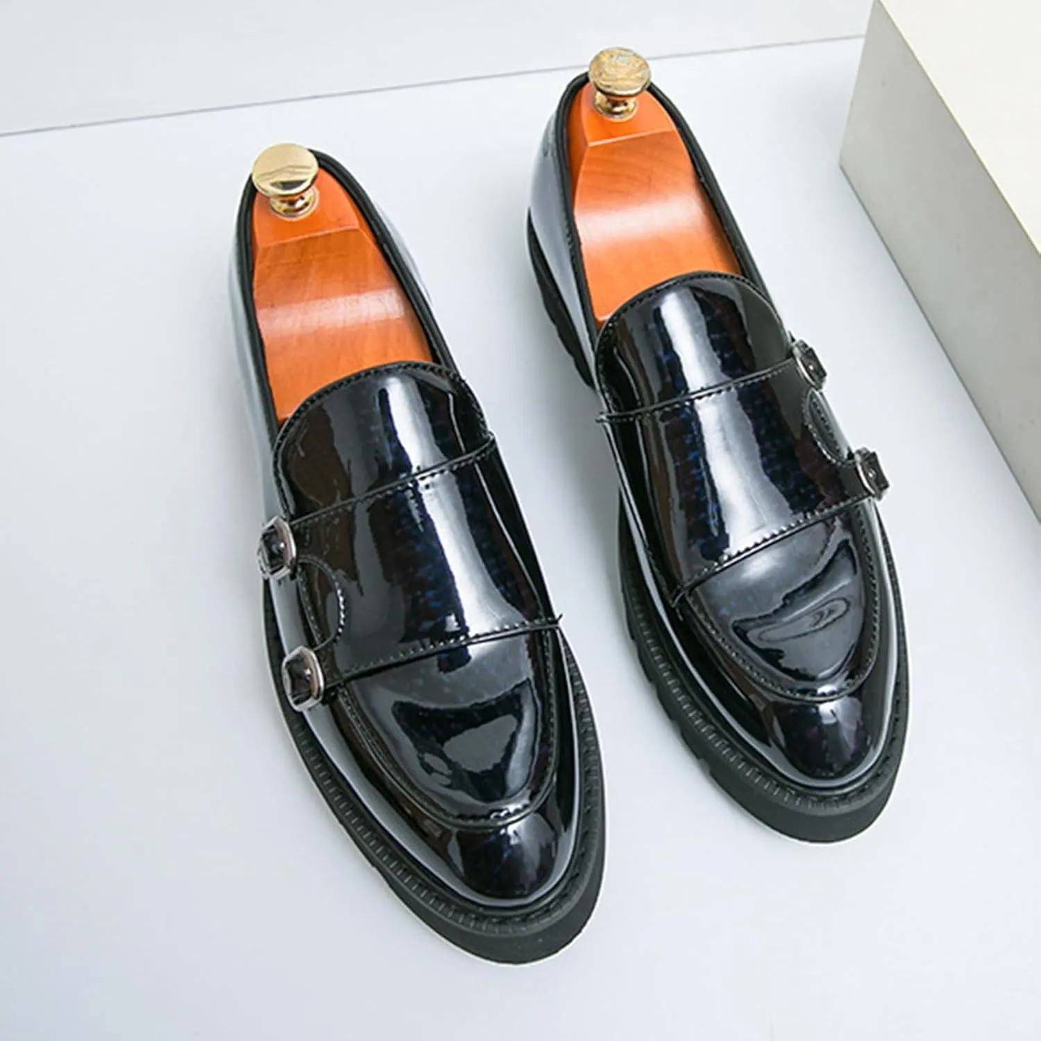 Men's Patent Leather Double Monk Strap Platform Slip On Loafers,Fashion Classic Non-Slip Lug Sole Dress Smoking Shoes,Business Casual Comfort Penny Loafers