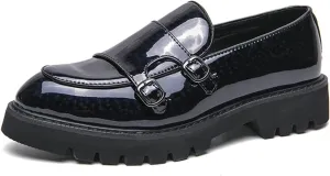 Men's Patent Leather Double Monk Strap Platform Slip On Loafers,Fashion Classic Non-Slip Lug Sole Dress Smoking Shoes,Business Casual Comfort Penny Loafers