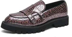 Men's Patent Leather Double Monk Strap Platform Slip On Loafers,Fashion Classic Non-Slip Lug Sole Dress Smoking Shoes,Business Casual Comfort Penny Loafers