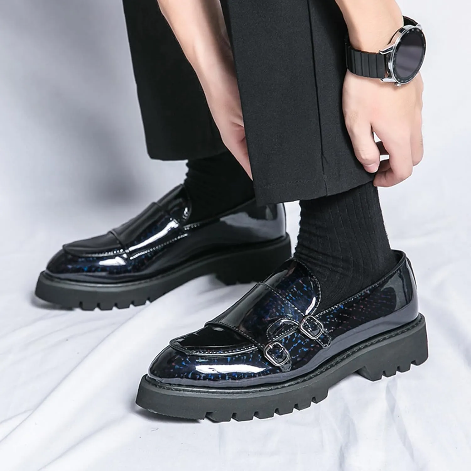 Men's Patent Leather Double Monk Strap Platform Slip On Loafers,Fashion Classic Non-Slip Lug Sole Dress Smoking Shoes,Business Casual Comfort Penny Loafers