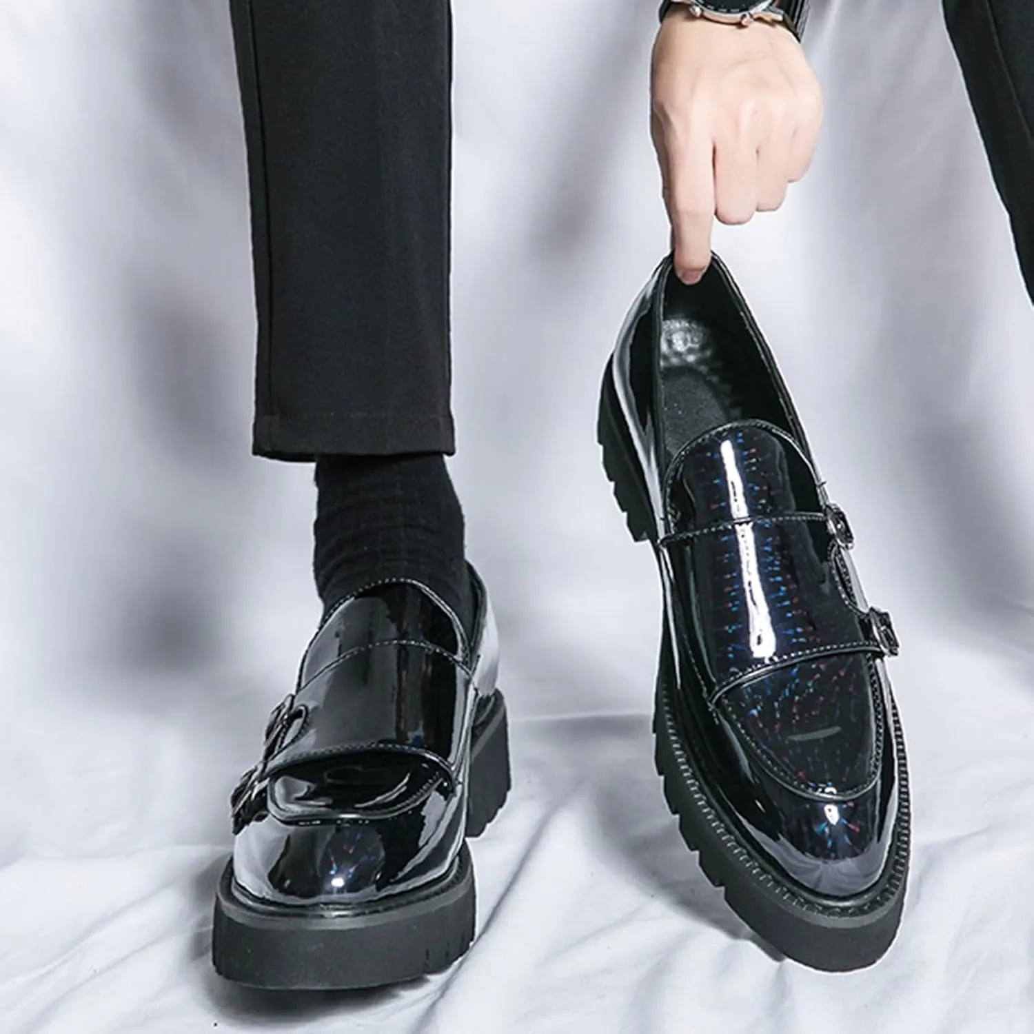 Men's Patent Leather Double Monk Strap Platform Slip On Loafers,Fashion Classic Non-Slip Lug Sole Dress Smoking Shoes,Business Casual Comfort Penny Loafers