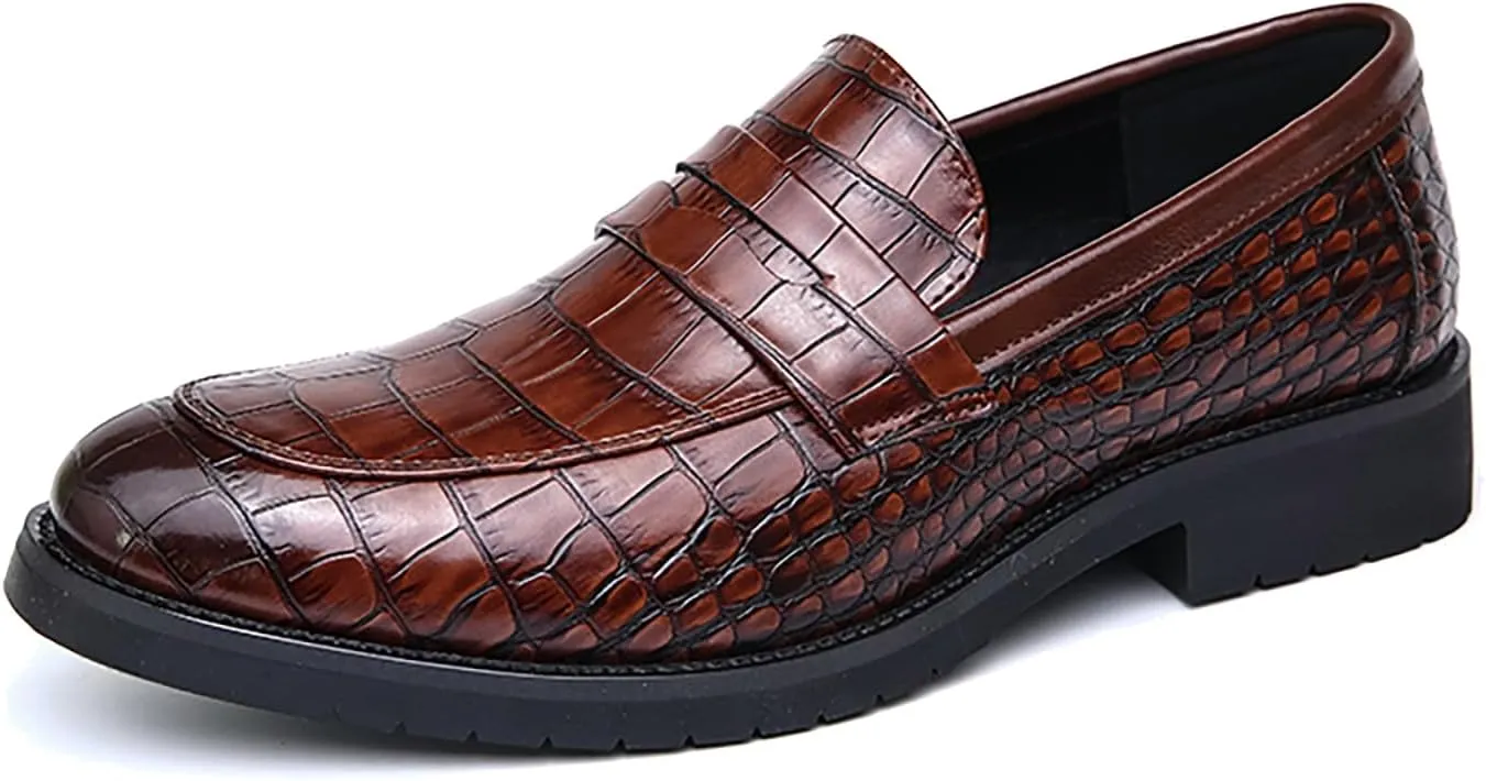 Men's Plaid Printed Leather Loafers Comfort Business Slip-on Dress Business Oxford Shoes Round Toe Low Block Heel Casual Leather Shoes for Office Work Walking Driving