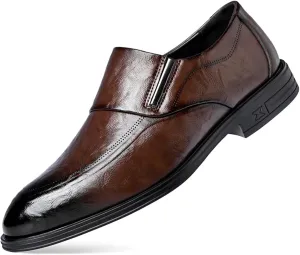 Mens Retro Leather Slip On Dress Loafers Classic Low Heels Pointed Toe Penny Shoes for Formal Business Wedding Office