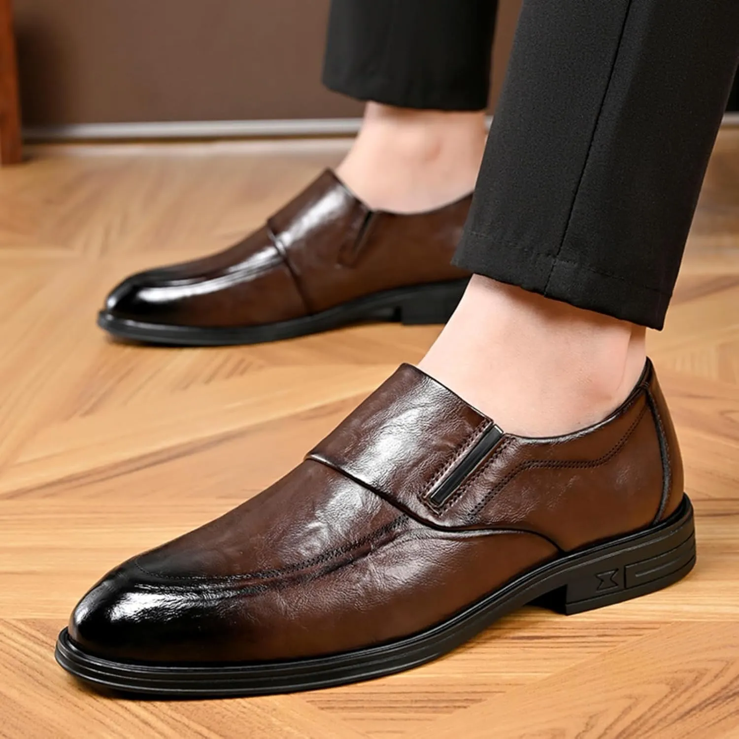 Mens Retro Leather Slip On Dress Loafers Classic Low Heels Pointed Toe Penny Shoes for Formal Business Wedding Office