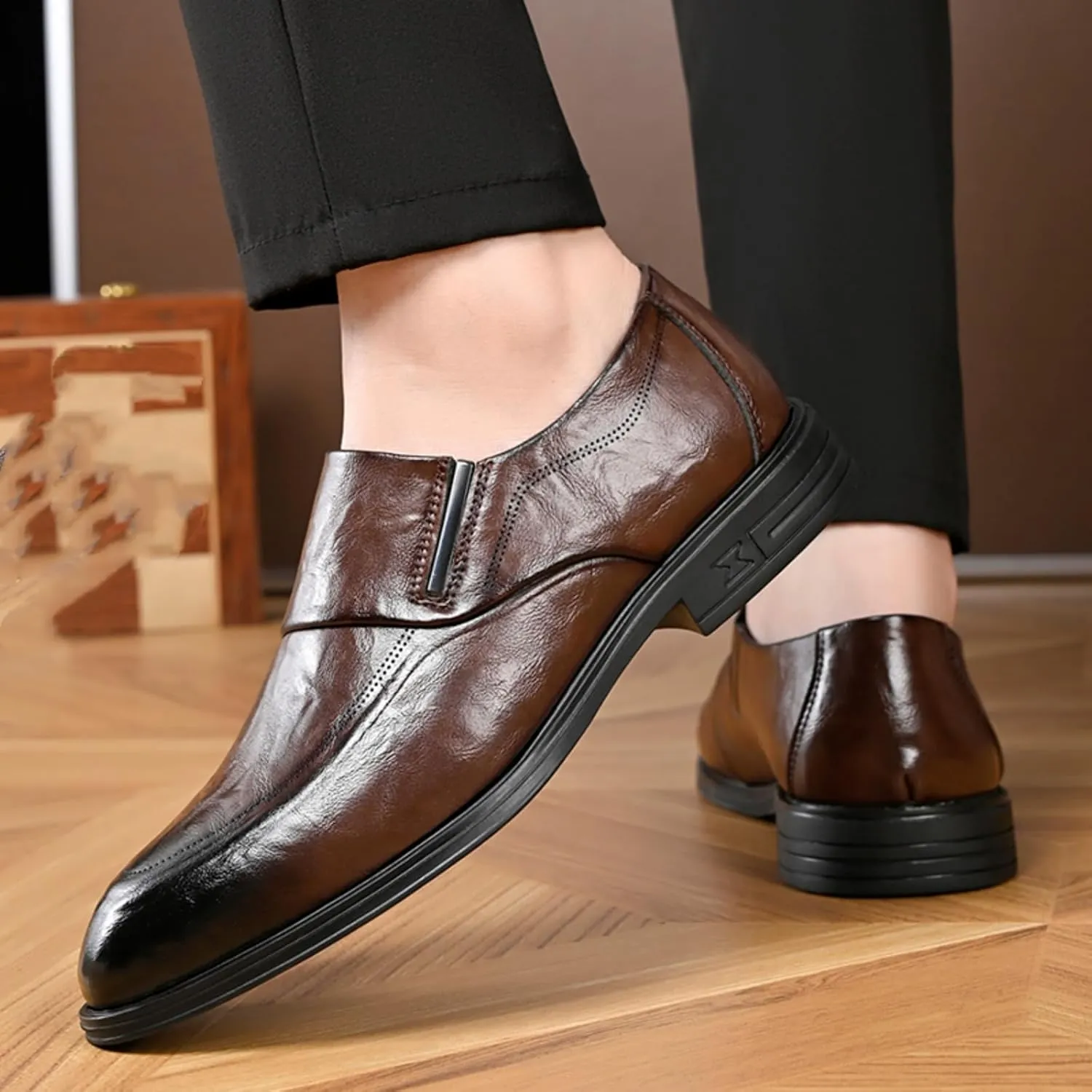 Mens Retro Leather Slip On Dress Loafers Classic Low Heels Pointed Toe Penny Shoes for Formal Business Wedding Office