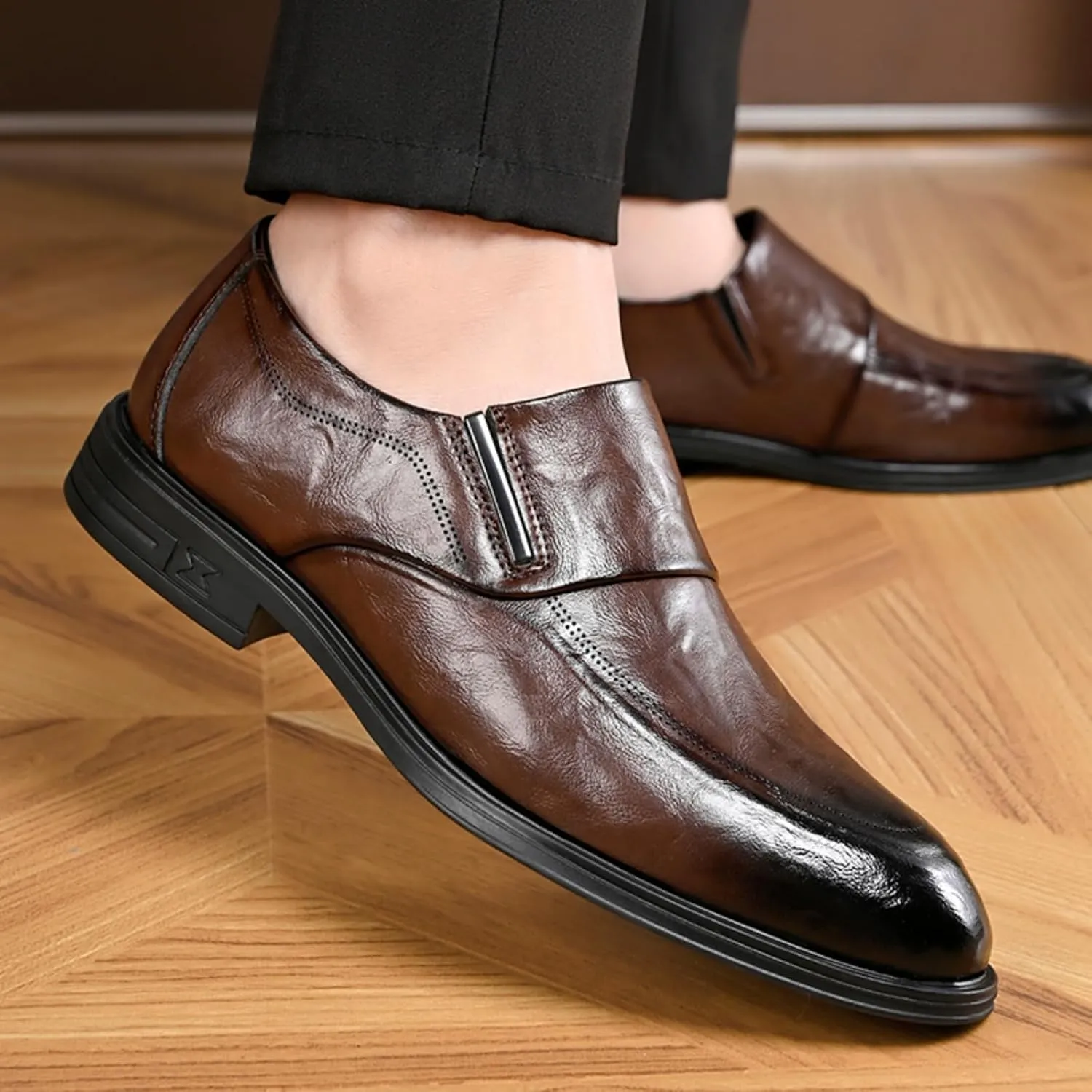 Mens Retro Leather Slip On Dress Loafers Classic Low Heels Pointed Toe Penny Shoes for Formal Business Wedding Office
