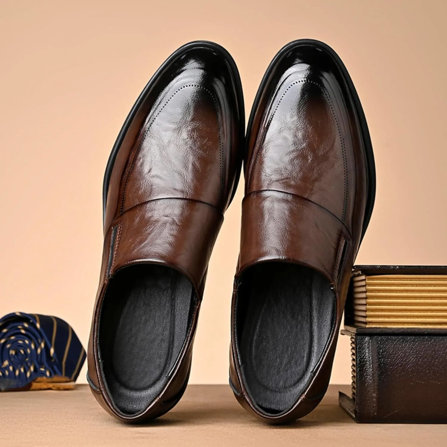 Mens Retro Leather Slip On Dress Loafers Classic Low Heels Pointed Toe Penny Shoes for Formal Business Wedding Office