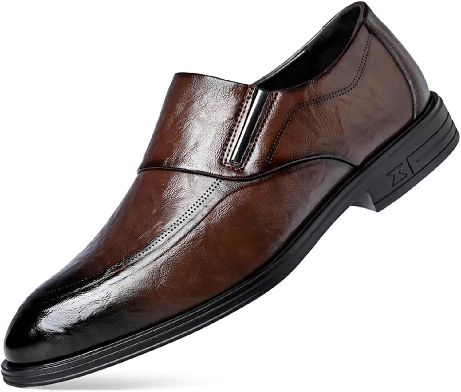Mens Retro Leather Slip On Dress Loafers Classic Low Heels Pointed Toe Penny Shoes for Formal Business Wedding Office