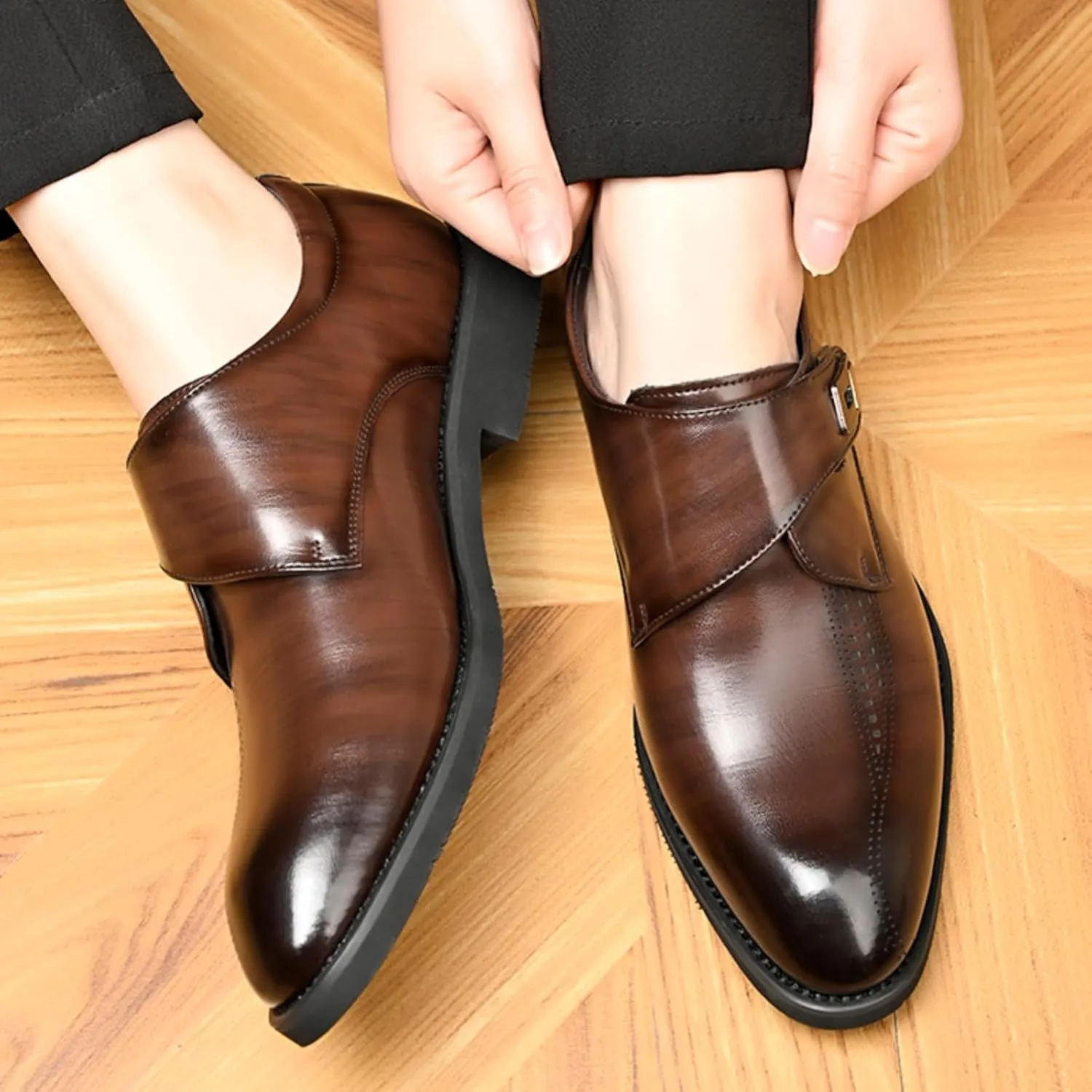 Mens Retro Monk Strap Leather Slip-On Dress Loafers Classic Low Top Wingtip Pointed Toe for Work Office Business