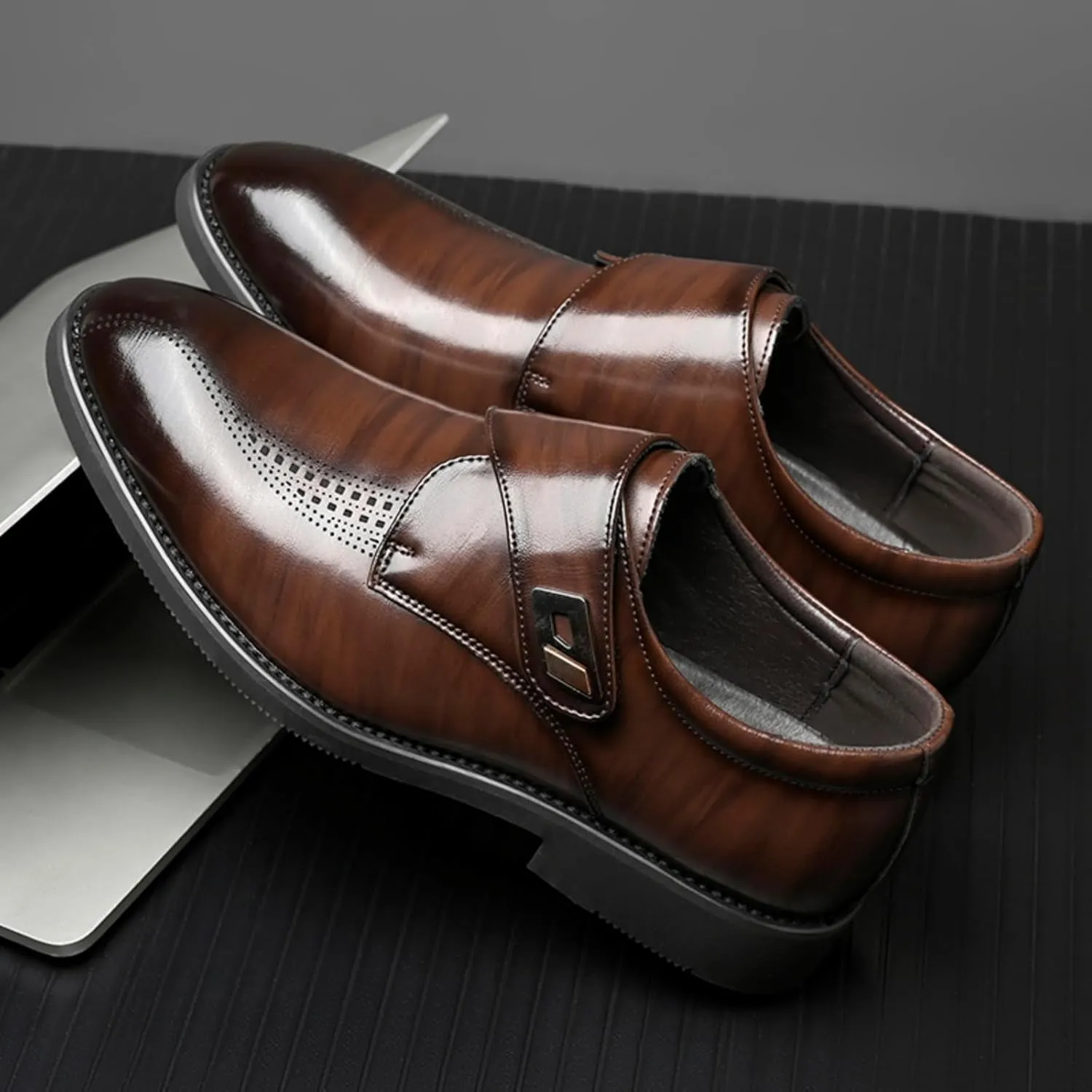 Mens Retro Monk Strap Leather Slip-On Dress Loafers Classic Low Top Wingtip Pointed Toe for Work Office Business
