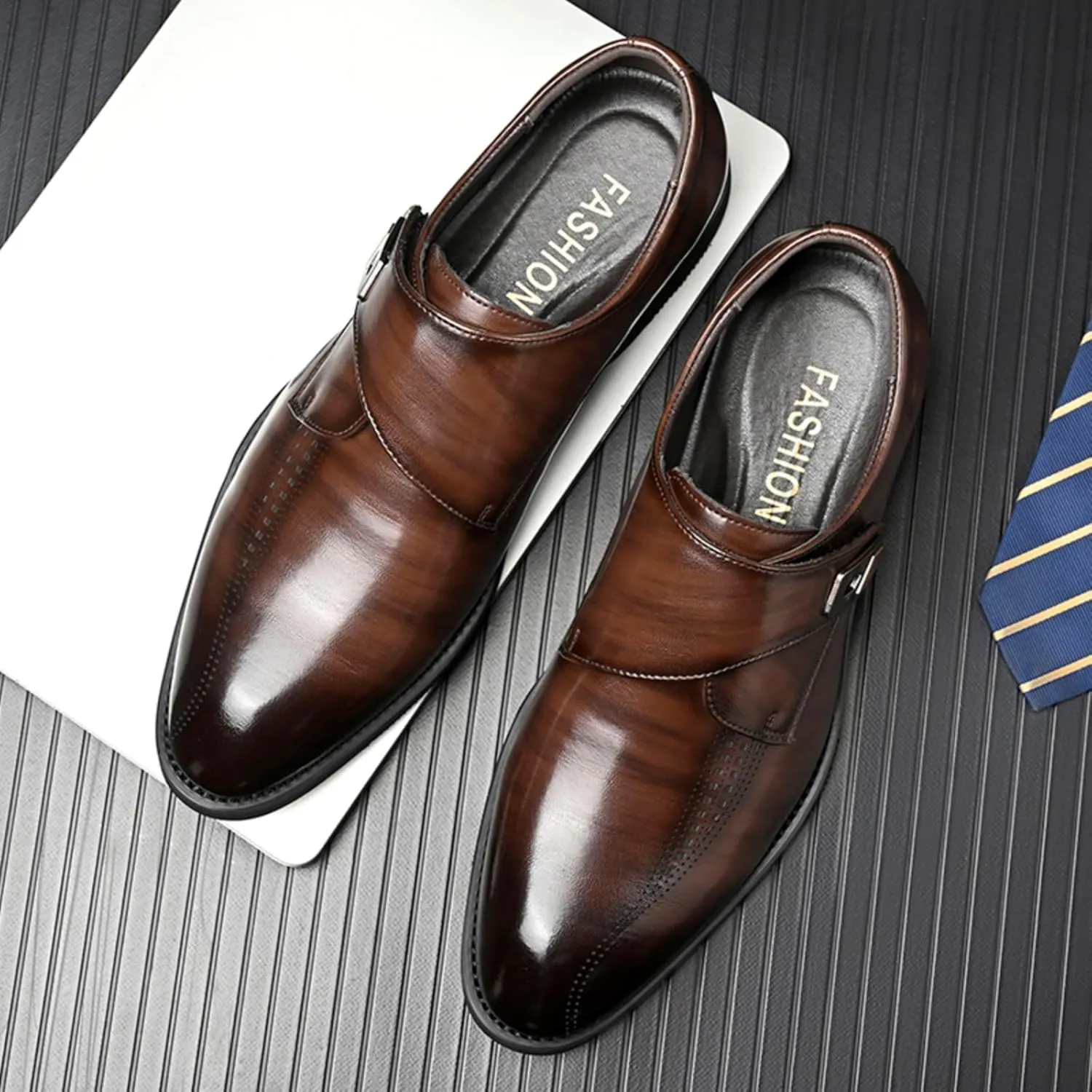 Mens Retro Monk Strap Leather Slip-On Dress Loafers Classic Low Top Wingtip Pointed Toe for Work Office Business