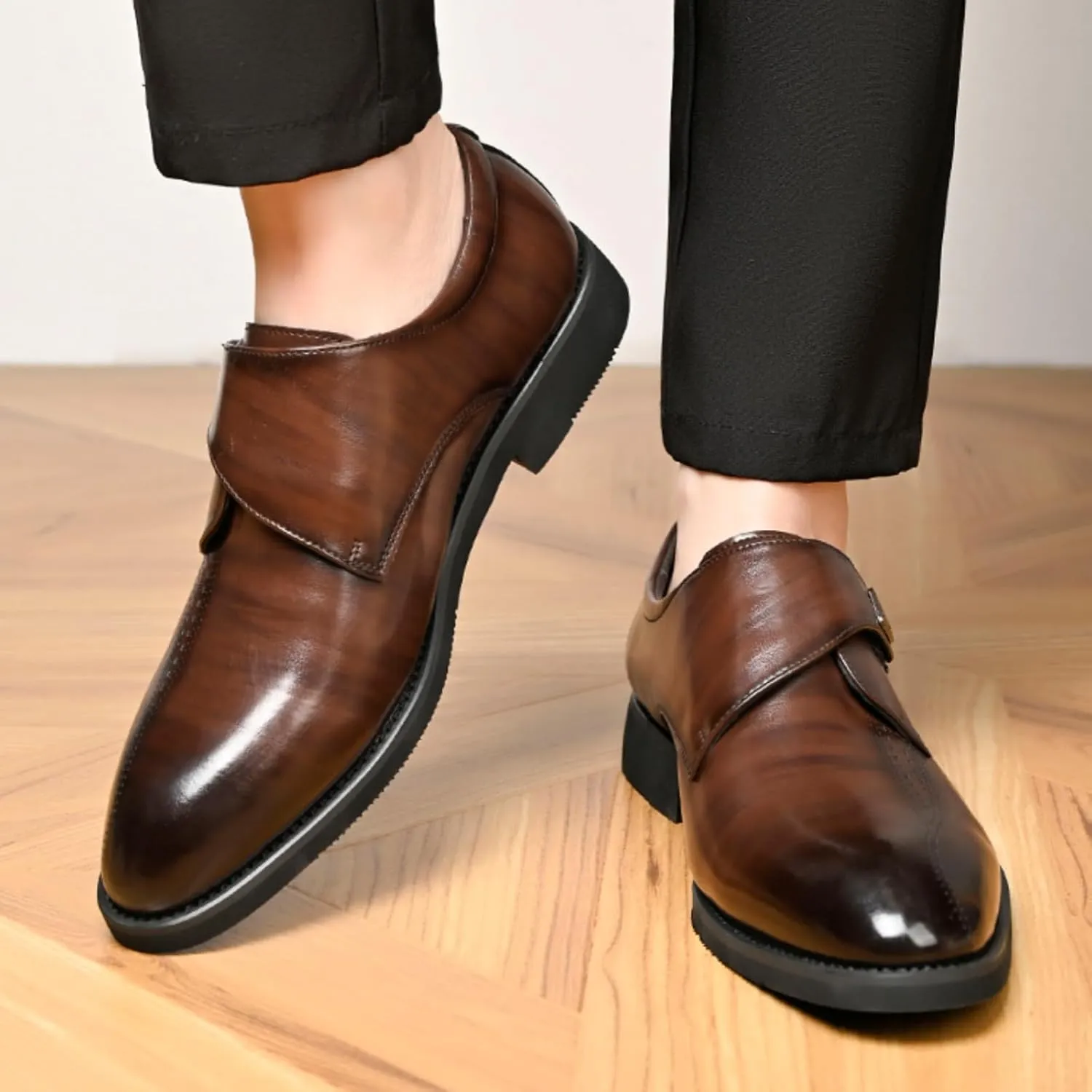 Mens Retro Monk Strap Leather Slip-On Dress Loafers Classic Low Top Wingtip Pointed Toe for Work Office Business