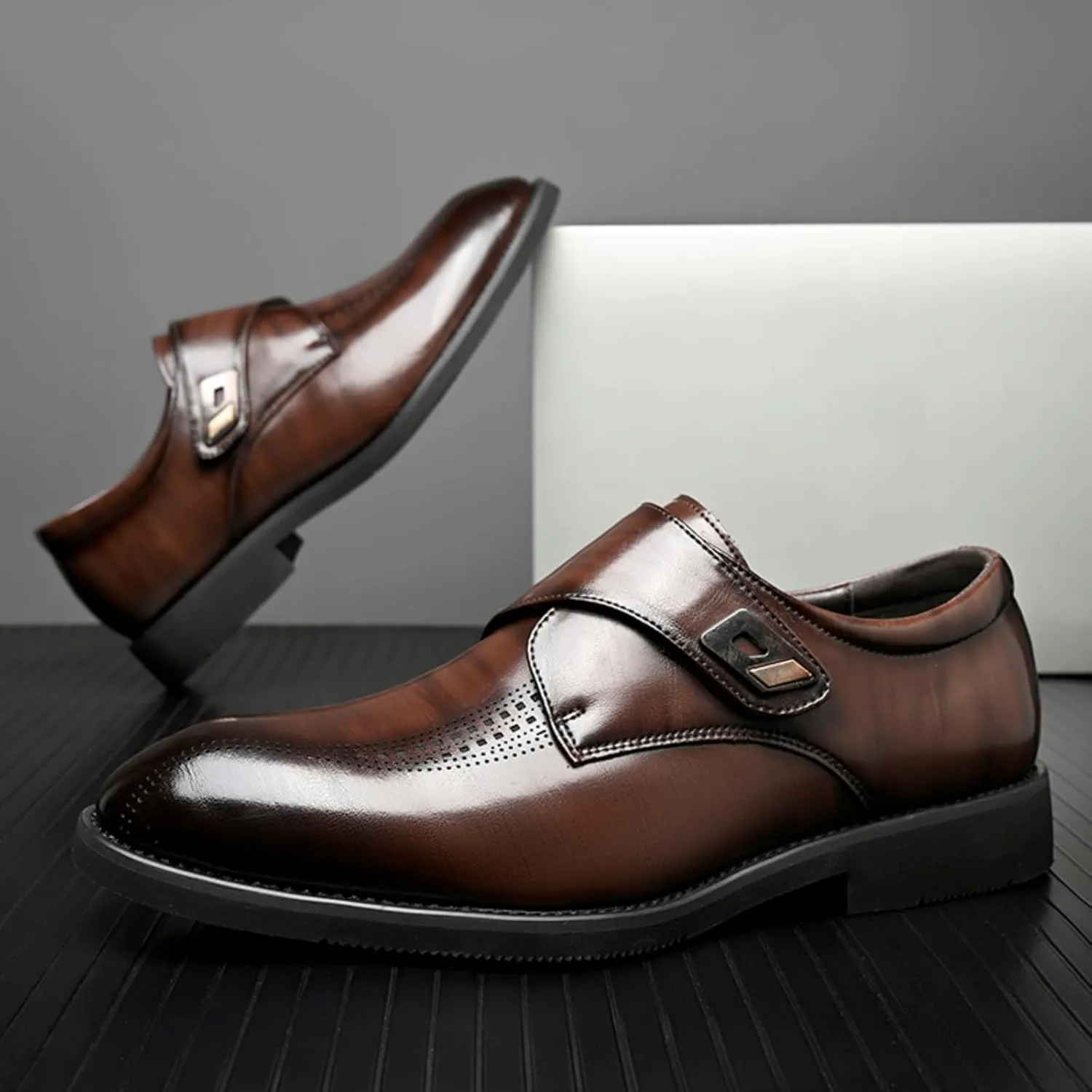 Mens Retro Monk Strap Leather Slip-On Dress Loafers Classic Low Top Wingtip Pointed Toe for Work Office Business