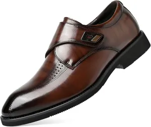 Mens Retro Monk Strap Leather Slip-On Dress Loafers Classic Low Top Wingtip Pointed Toe for Work Office Business