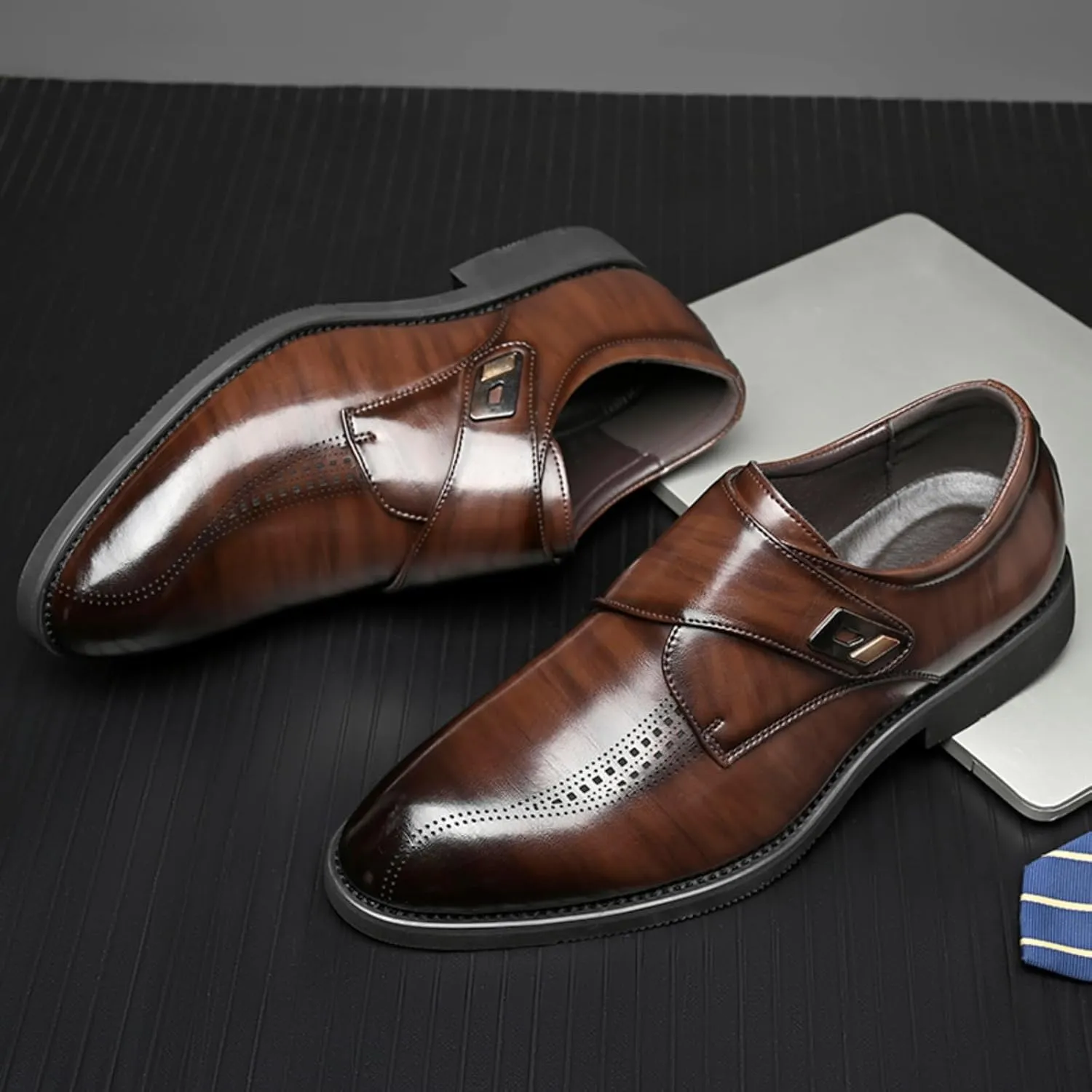 Mens Retro Monk Strap Leather Slip-On Dress Loafers Classic Low Top Wingtip Pointed Toe for Work Office Business