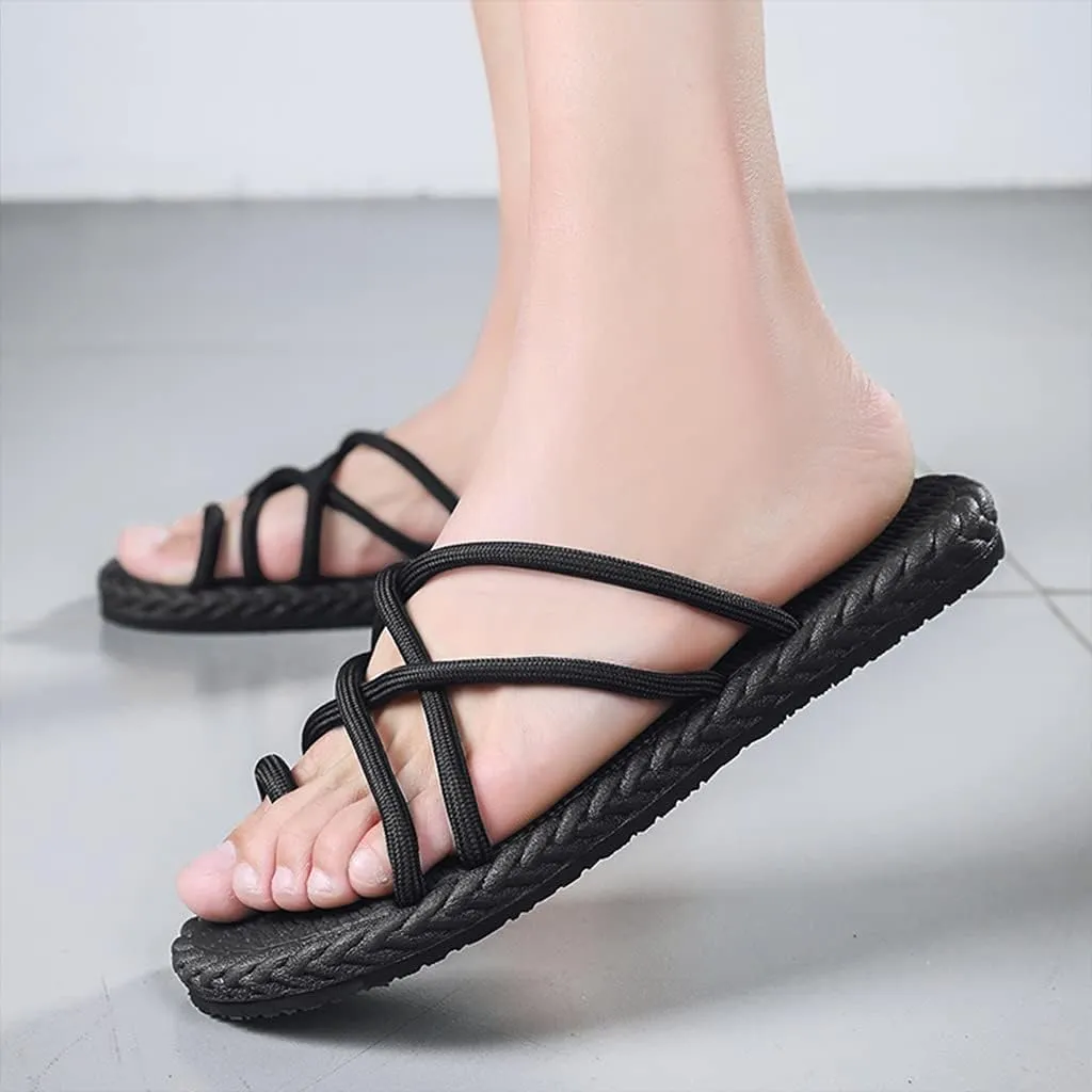 Mens Slippers Sandals Roman Braided Strappy Flip Flops Linen Summer Beach Shoes for Ladies Sandals Cross Strap Thong Summer Shoes Breathable Anti-Slip Massage Shower Spa Bath Sandals