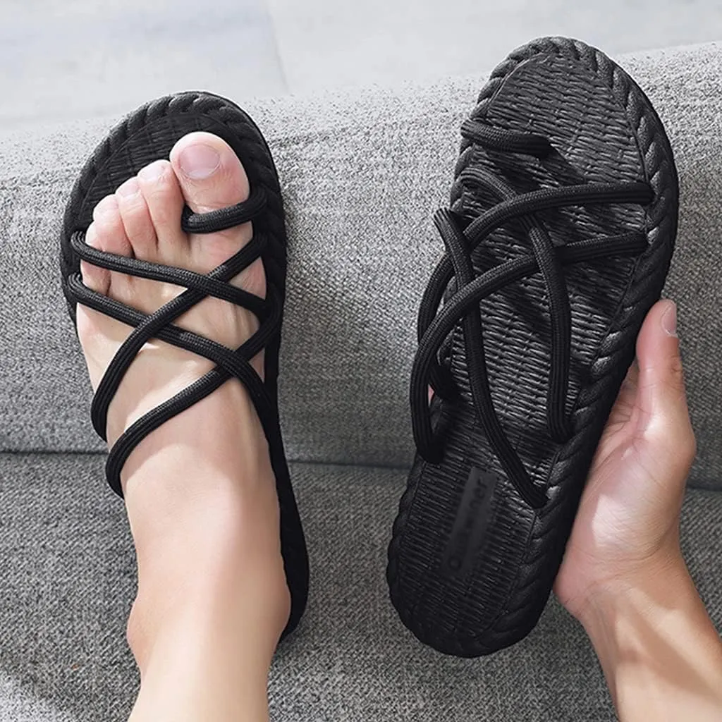 Mens Slippers Sandals Roman Braided Strappy Flip Flops Linen Summer Beach Shoes for Ladies Sandals Cross Strap Thong Summer Shoes Breathable Anti-Slip Massage Shower Spa Bath Sandals
