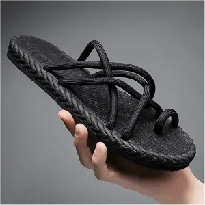 Mens Slippers Sandals Roman Braided Strappy Flip Flops Linen Summer Beach Shoes for Ladies Sandals Cross Strap Thong Summer Shoes Breathable Anti-Slip Massage Shower Spa Bath Sandals