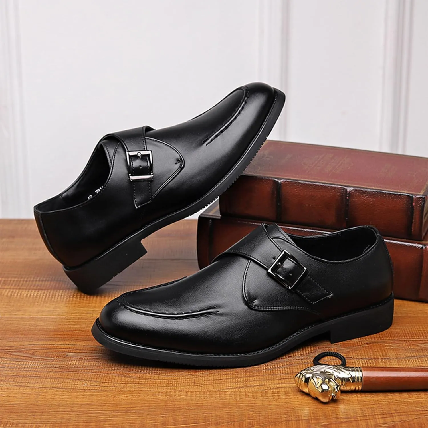 Men's Trendy Cowhide Chunky Heels Business Loafers with Monk Buckle Pointed Toe Comfort Slip On Dress Oxford Shoes for Casual Wedding Formal Shoes