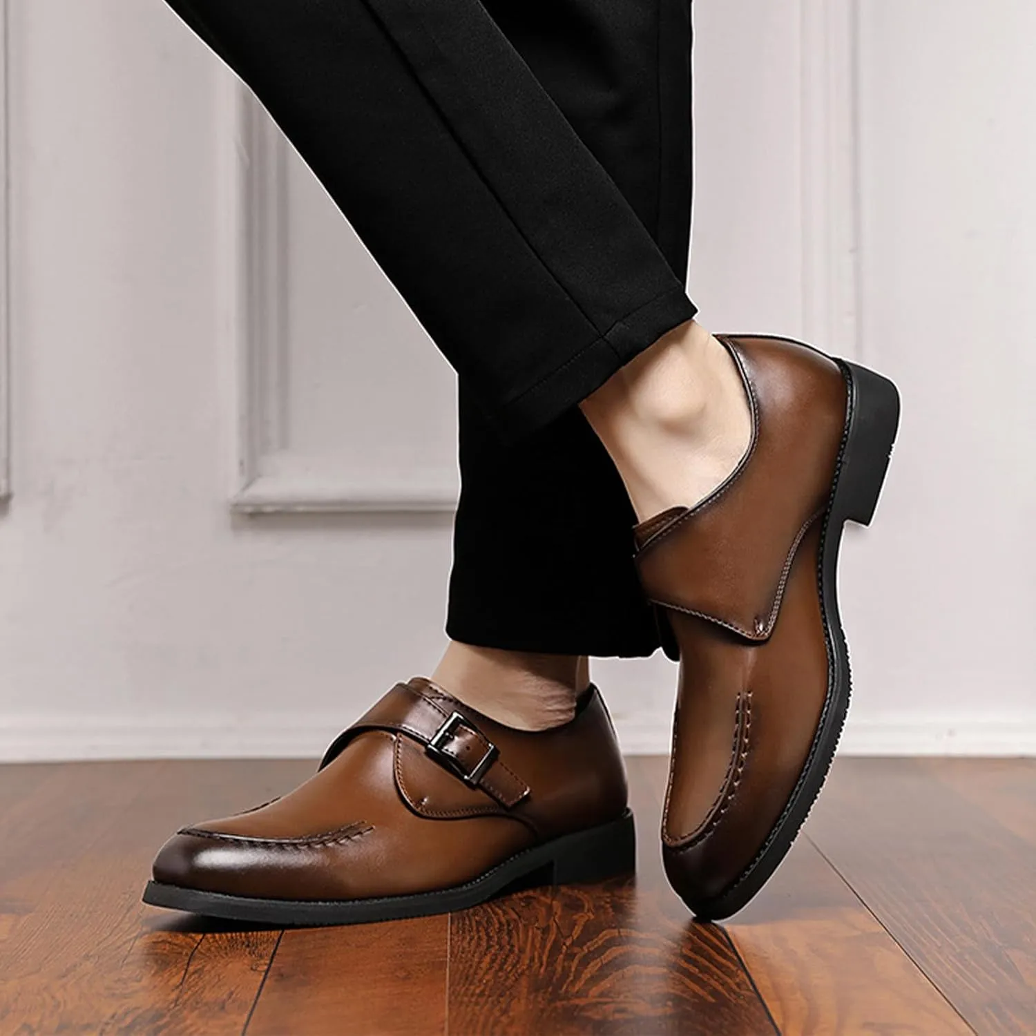 Men's Trendy Cowhide Chunky Heels Business Loafers with Monk Buckle Pointed Toe Comfort Slip On Dress Oxford Shoes for Casual Wedding Formal Shoes