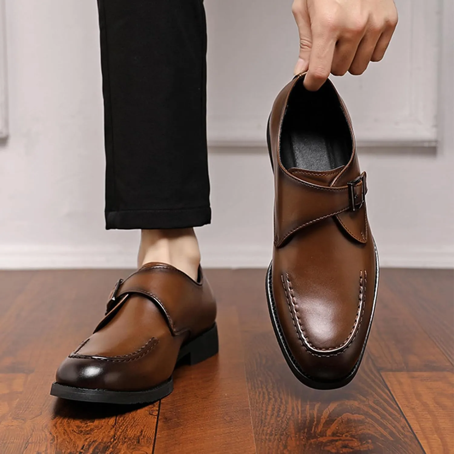 Men's Trendy Cowhide Chunky Heels Business Loafers with Monk Buckle Pointed Toe Comfort Slip On Dress Oxford Shoes for Casual Wedding Formal Shoes