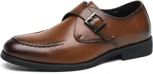 Men's Trendy Cowhide Chunky Heels Business Loafers with Monk Buckle Pointed Toe Comfort Slip On Dress Oxford Shoes for Casual Wedding Formal Shoes