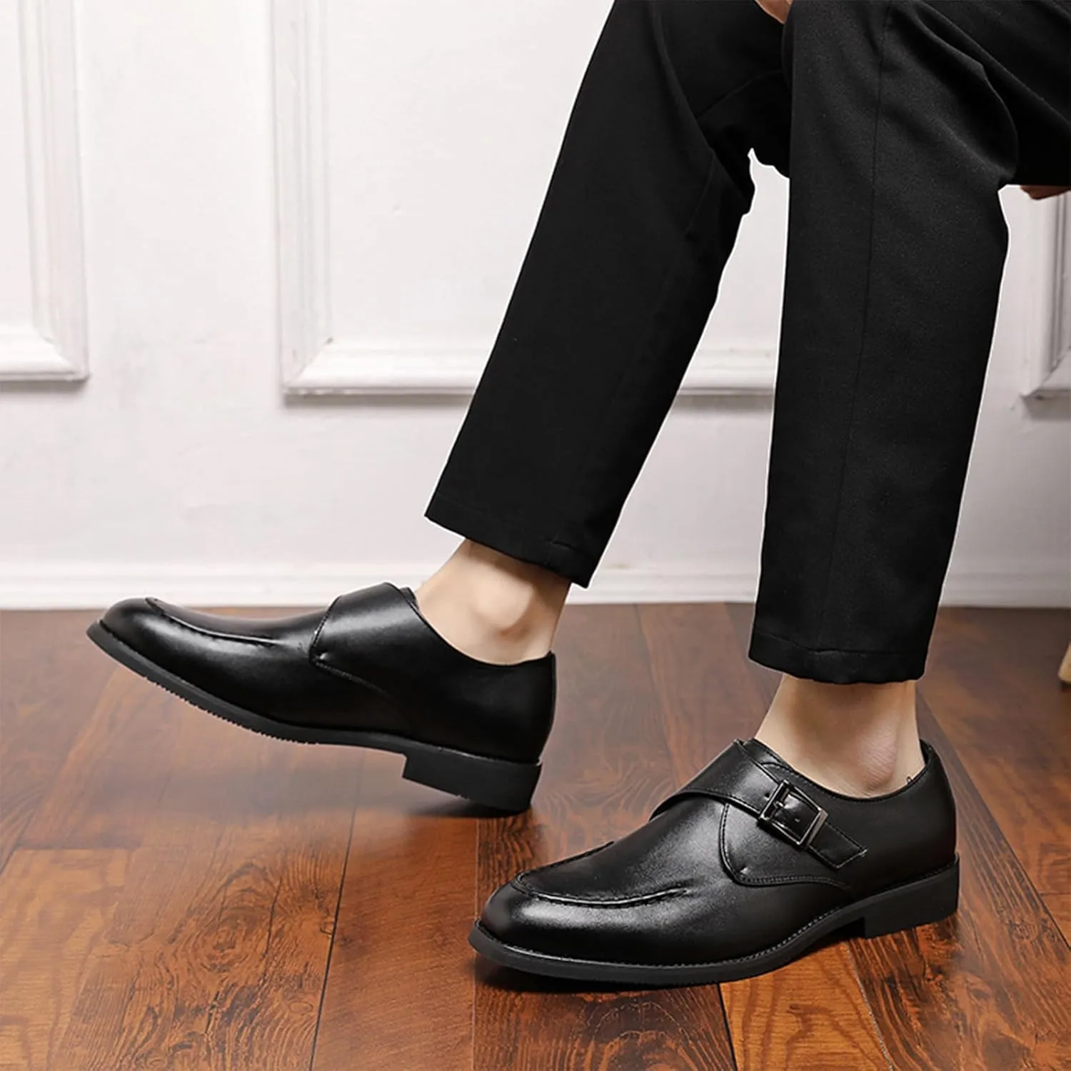 Men's Trendy Cowhide Chunky Heels Business Loafers with Monk Buckle Pointed Toe Comfort Slip On Dress Oxford Shoes for Casual Wedding Formal Shoes