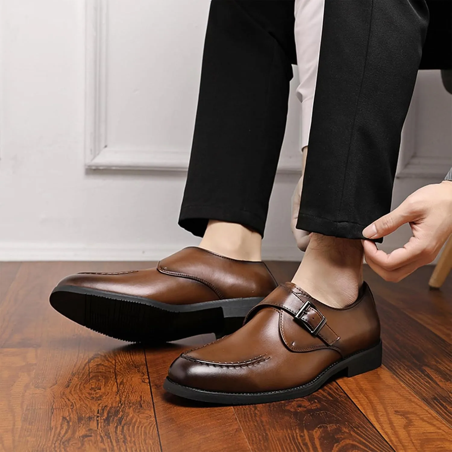 Men's Trendy Cowhide Chunky Heels Business Loafers with Monk Buckle Pointed Toe Comfort Slip On Dress Oxford Shoes for Casual Wedding Formal Shoes