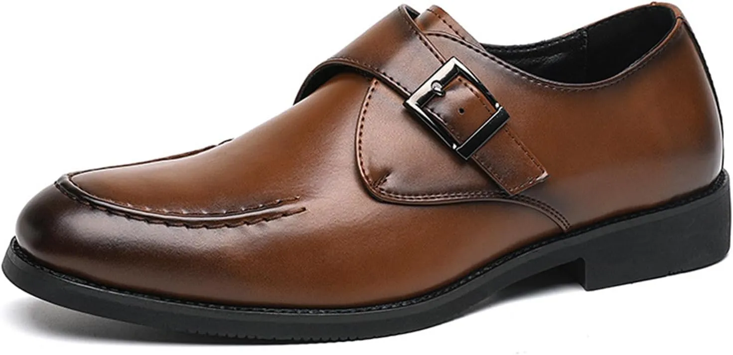 Men's Trendy Cowhide Chunky Heels Business Loafers with Monk Buckle Pointed Toe Comfort Slip On Dress Oxford Shoes for Casual Wedding Formal Shoes