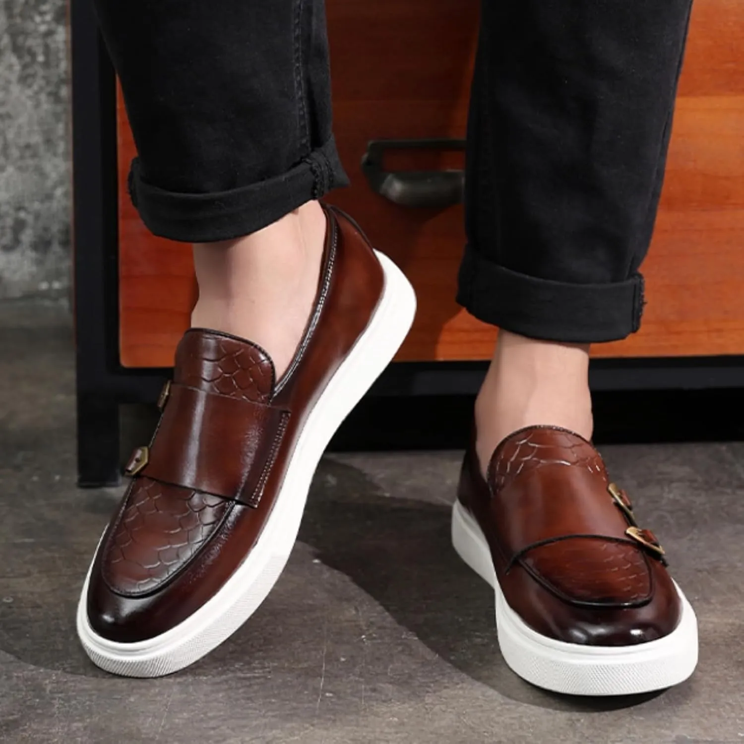 Mens Weave Leather Slip-On Loafers with Double Strap Casual Retro Platform Formal Business Prom Flats Non-Slip Penny Monk Shoes