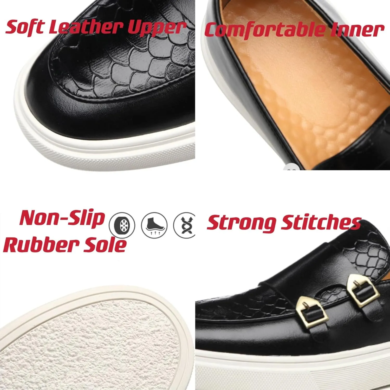 Mens Weave Leather Slip-On Loafers with Double Strap Casual Retro Platform Formal Business Prom Flats Non-Slip Penny Monk Shoes
