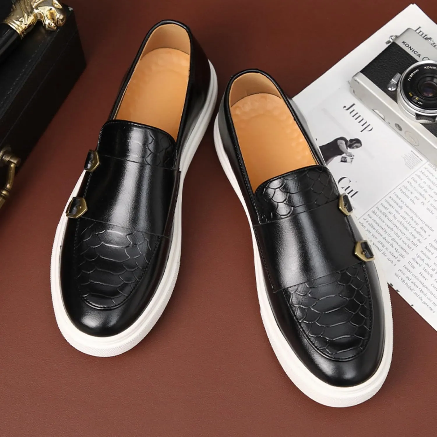 Mens Weave Leather Slip-On Loafers with Double Strap Casual Retro Platform Formal Business Prom Flats Non-Slip Penny Monk Shoes