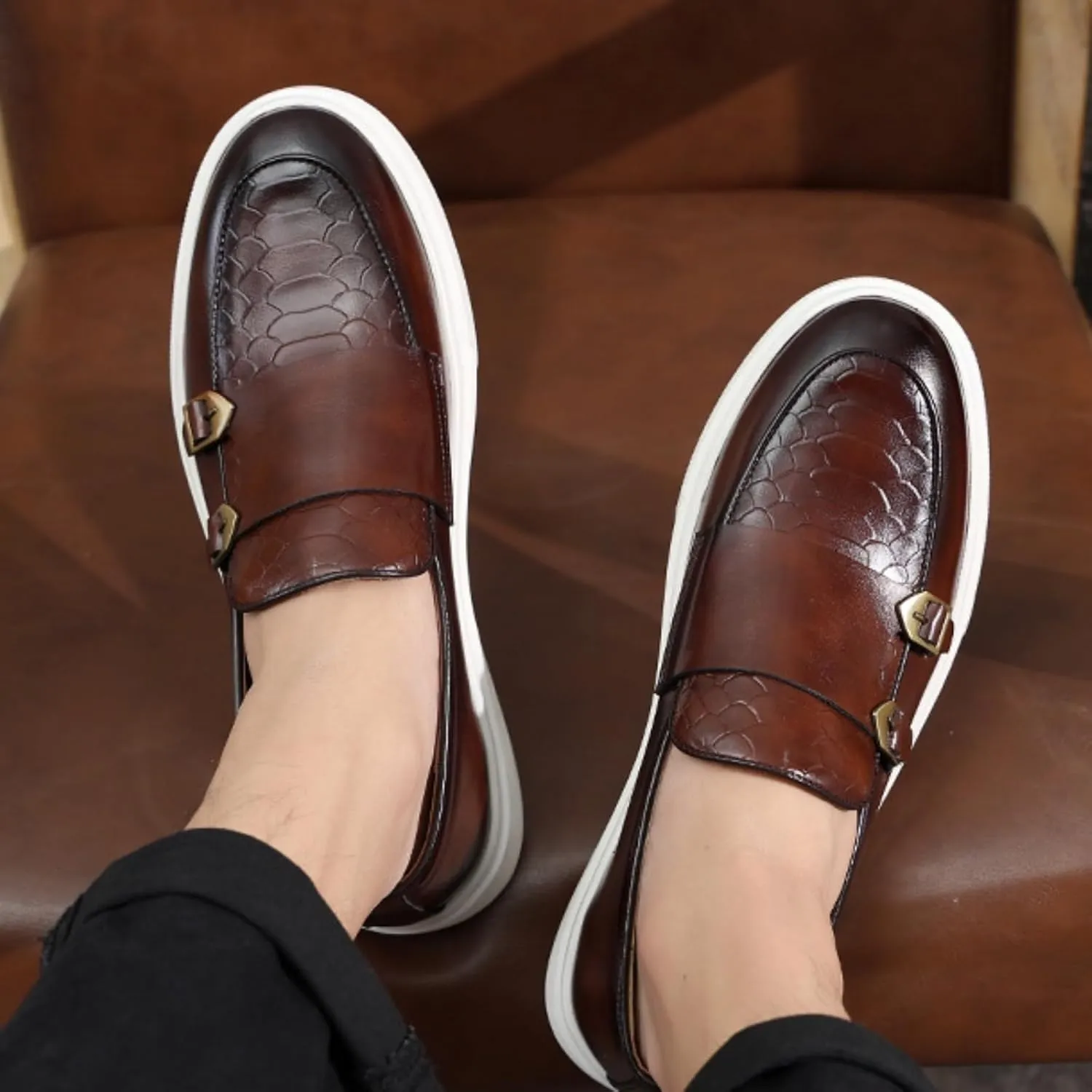 Mens Weave Leather Slip-On Loafers with Double Strap Casual Retro Platform Formal Business Prom Flats Non-Slip Penny Monk Shoes
