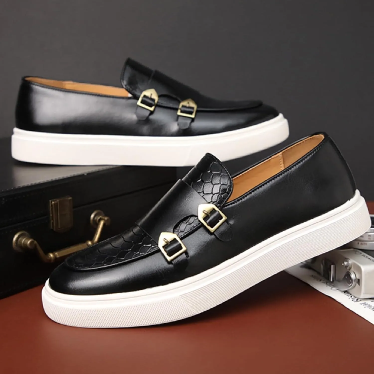 Mens Weave Leather Slip-On Loafers with Double Strap Casual Retro Platform Formal Business Prom Flats Non-Slip Penny Monk Shoes