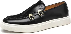 Mens Weave Leather Slip-On Loafers with Double Strap Casual Retro Platform Formal Business Prom Flats Non-Slip Penny Monk Shoes