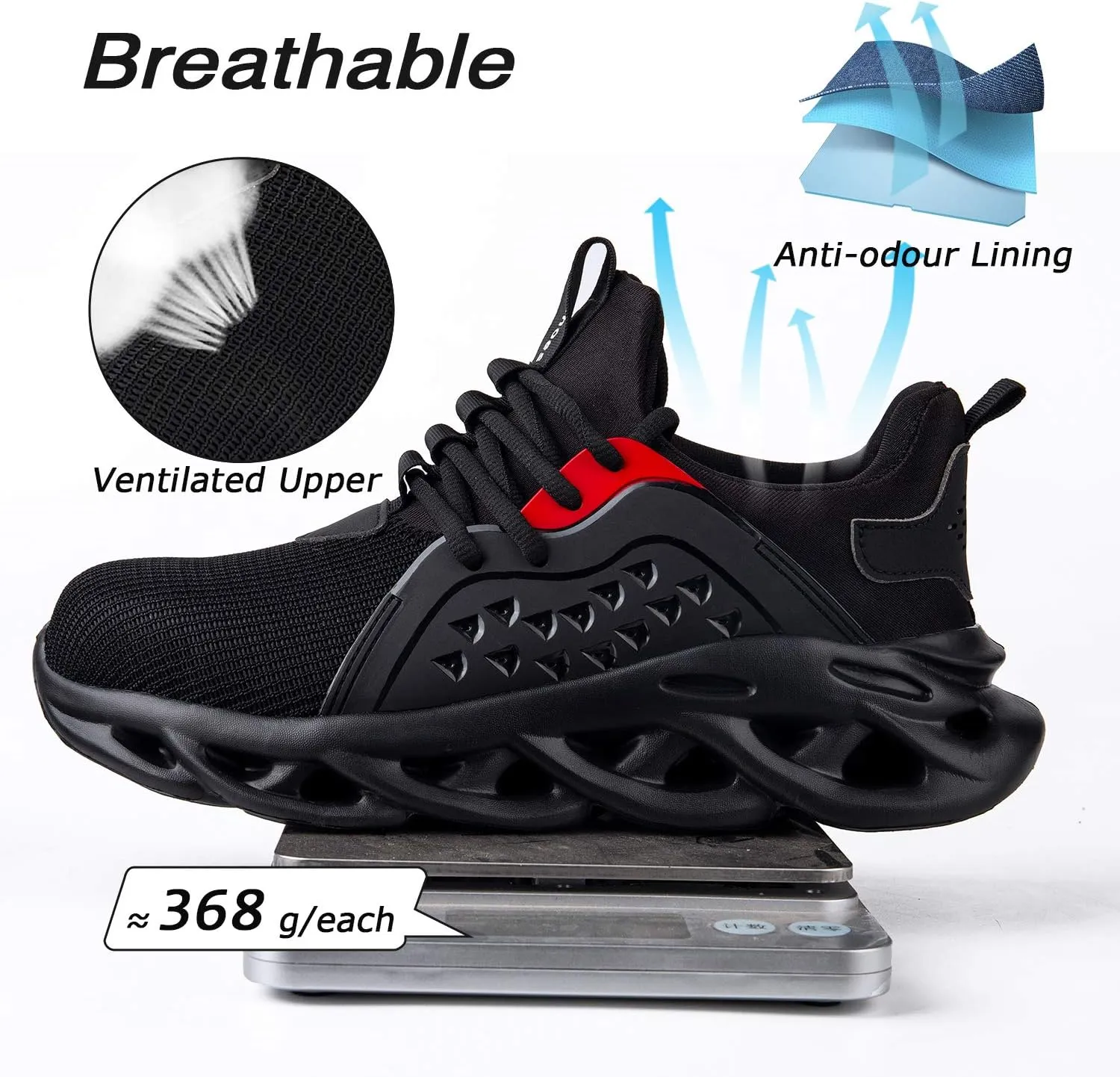 Men's/Unisex Black Steel Toe Sneakers, Lightweight Industrial & Construction Shoes, Size 5 Women/3 Men
