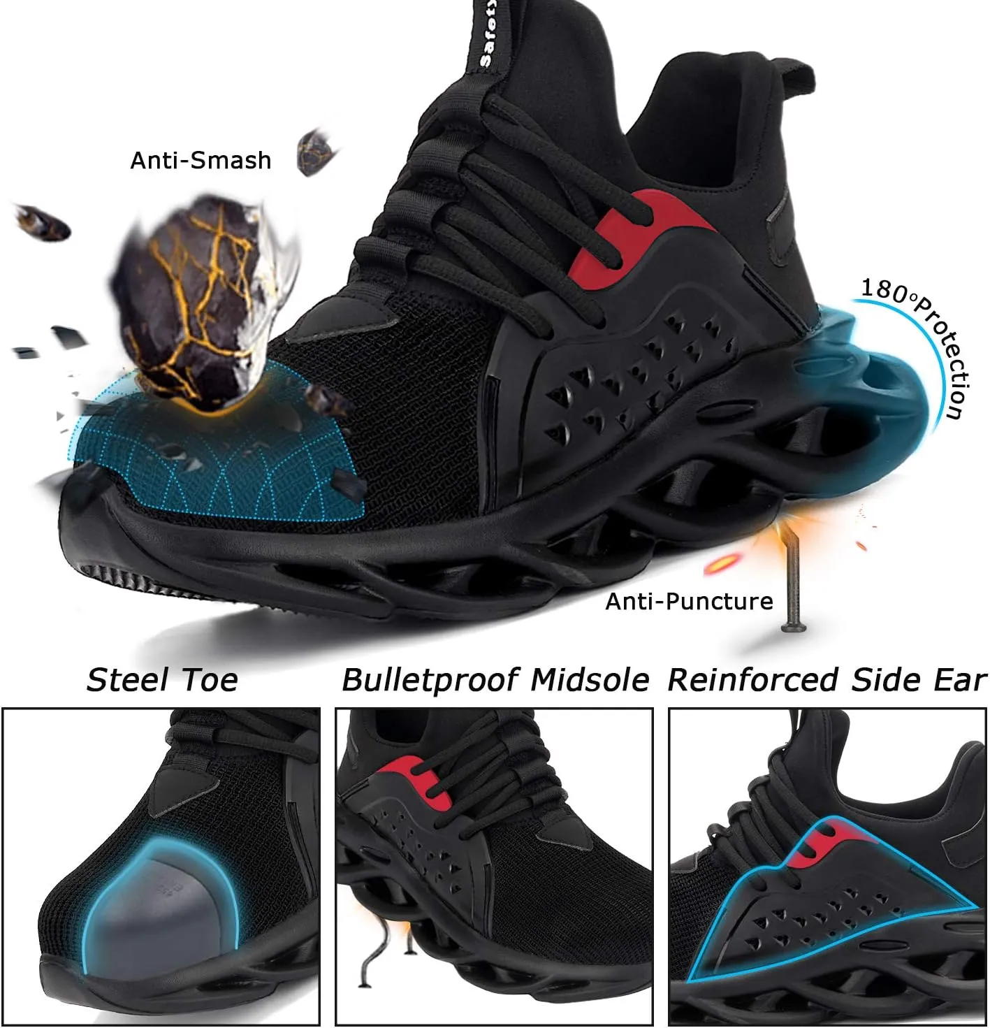 Men's/Unisex Black Steel Toe Sneakers, Lightweight Industrial & Construction Shoes, Size 5 Women/3 Men