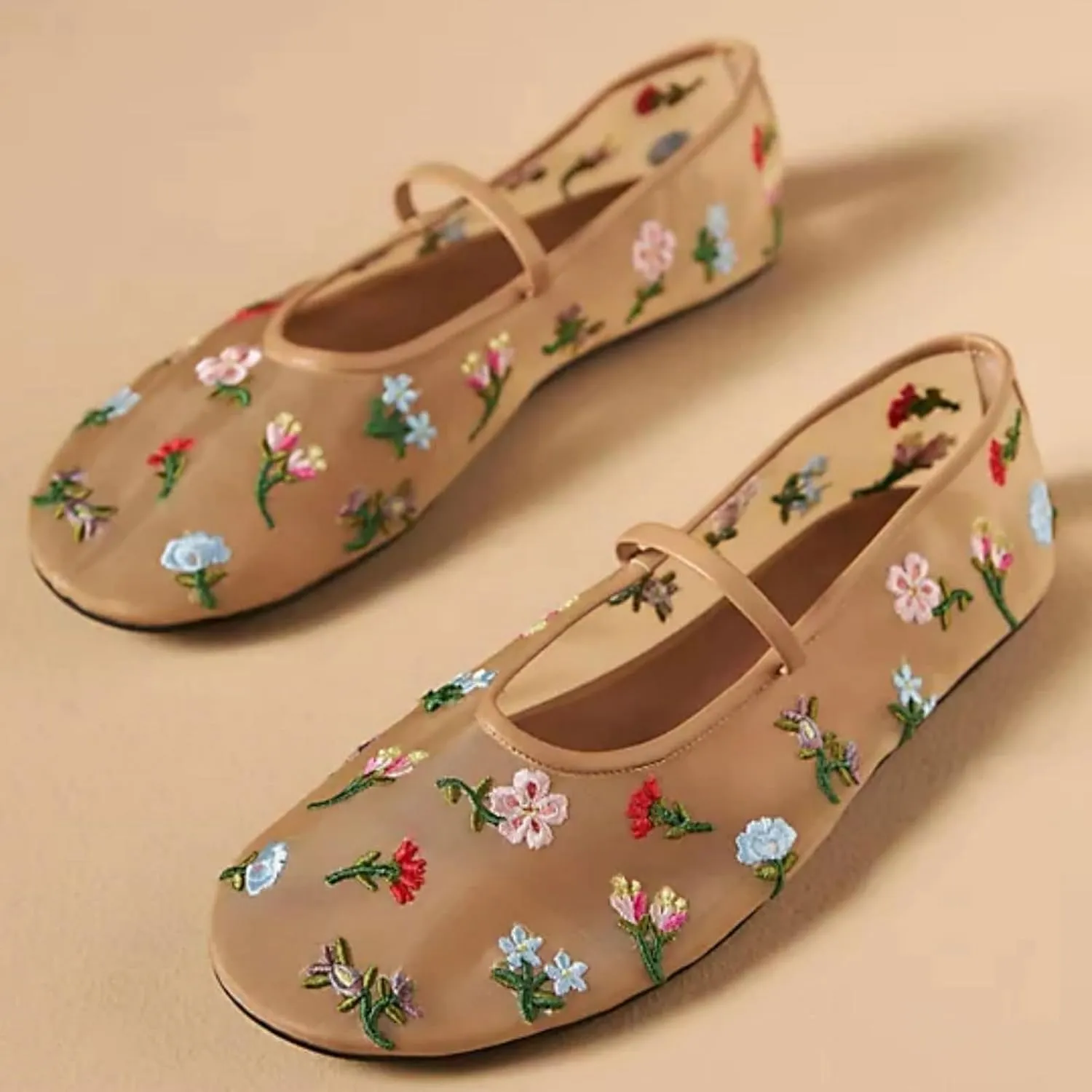 Mesh Ballet Flats for Women Ballerina Mary Janes Flats Embroidered Floral Nude Round Toe Pumps Comfortable Casual Shoes