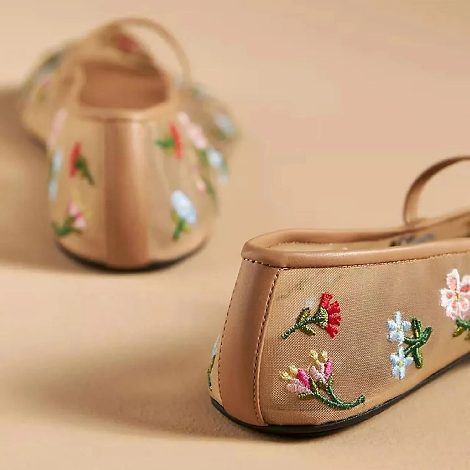 Mesh Ballet Flats for Women Ballerina Mary Janes Flats Embroidered Floral Nude Round Toe Pumps Comfortable Casual Shoes