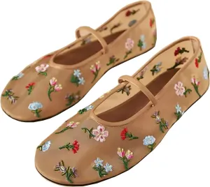 Mesh Ballet Flats for Women Ballerina Mary Janes Flats Embroidered Floral Nude Round Toe Pumps Comfortable Casual Shoes