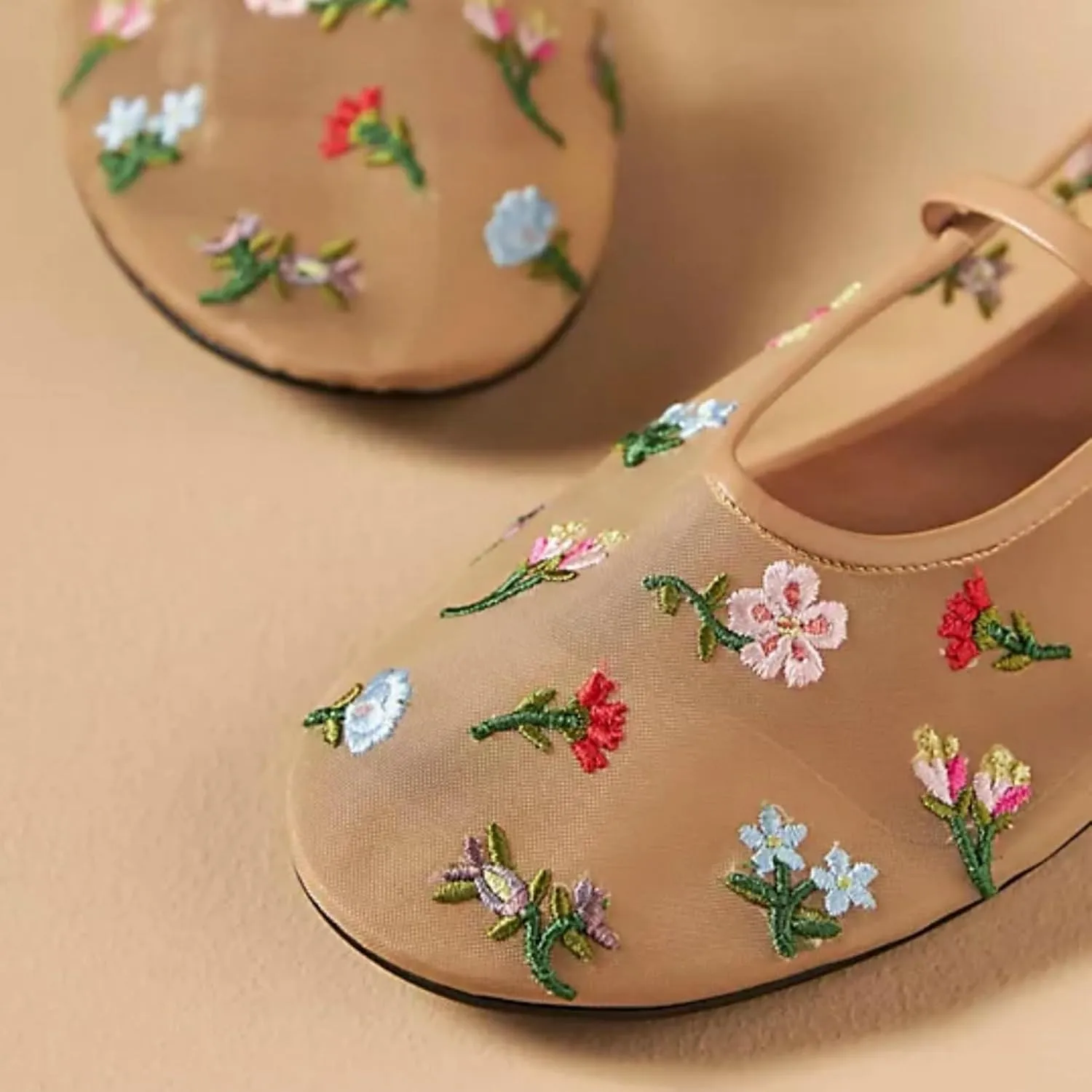 Mesh Ballet Flats for Women Ballerina Mary Janes Flats Embroidered Floral Nude Round Toe Pumps Comfortable Casual Shoes