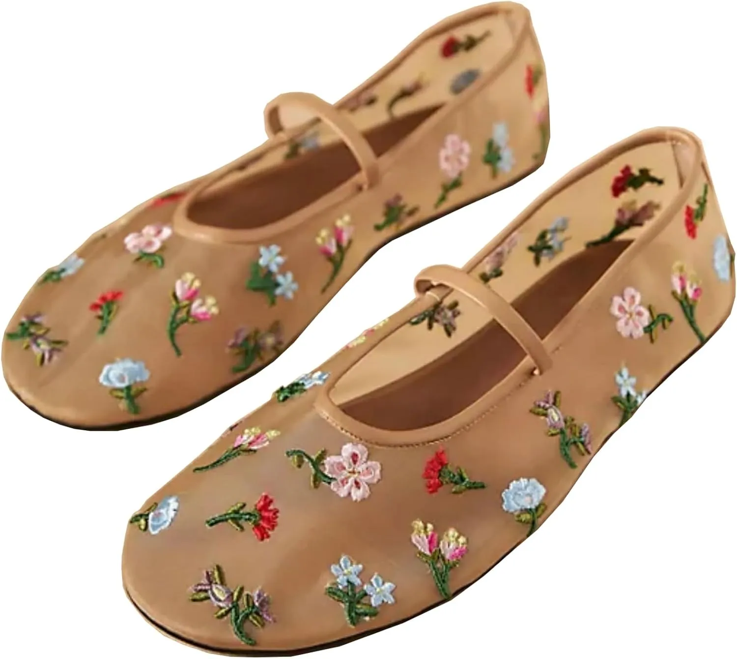 Mesh Ballet Flats for Women Ballerina Mary Janes Flats Embroidered Floral Nude Round Toe Pumps Comfortable Casual Shoes