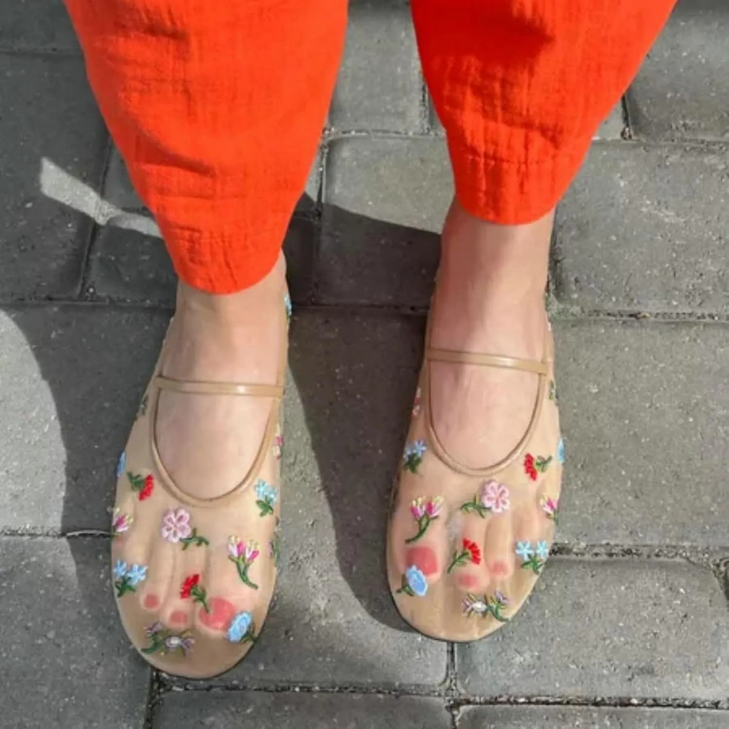 Mesh Ballet Flats for Women Ballerina Mary Janes Flats Embroidered Floral Nude Round Toe Pumps Comfortable Casual Shoes