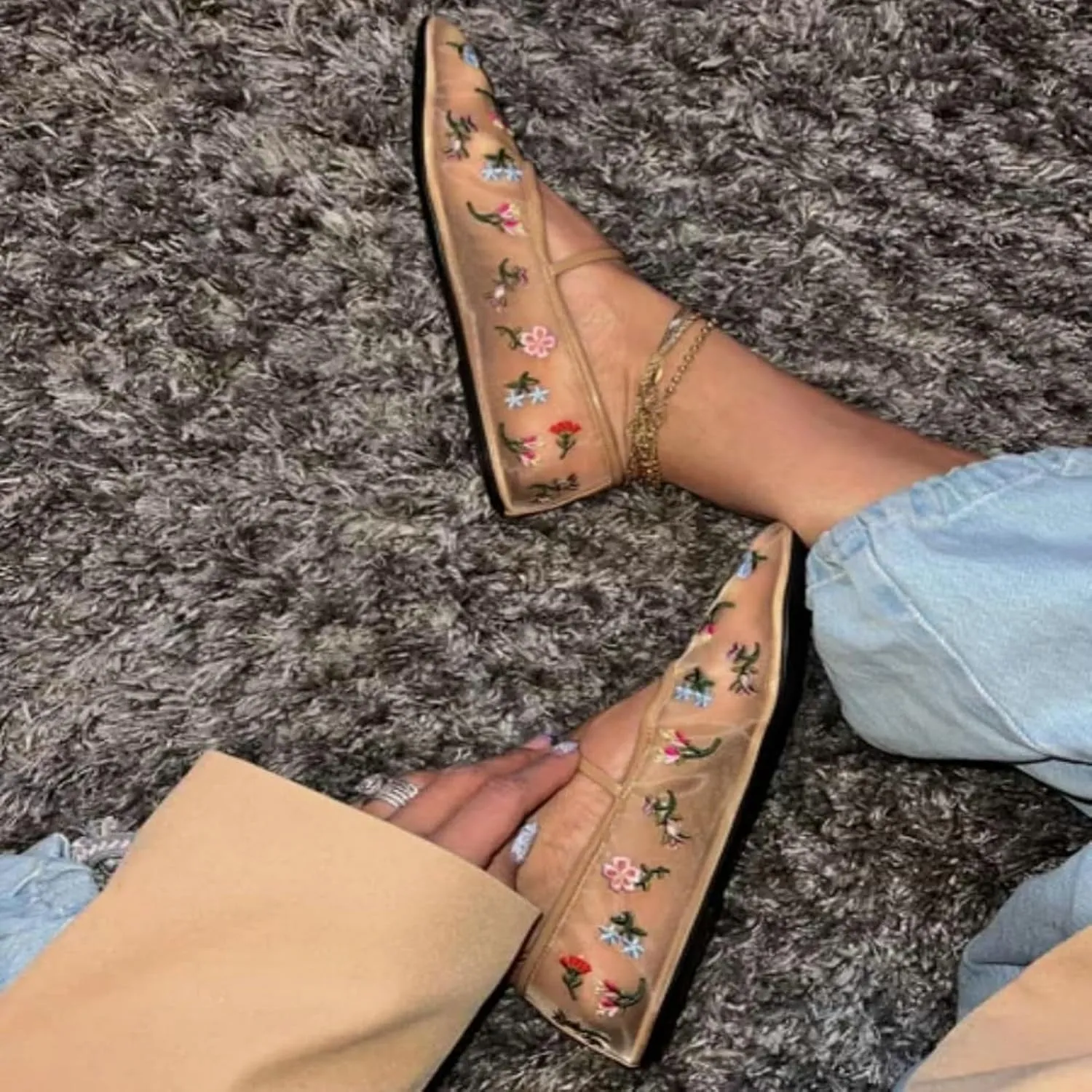 Mesh Ballet Flats for Women Ballerina Mary Janes Flats Embroidered Floral Nude Round Toe Pumps Comfortable Casual Shoes
